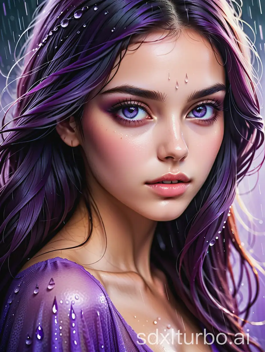a beautifully evocative image! The use of purple tones gives it an almost otherworldly vibe. The details like the wet hair strands and water droplets on her skin add a layer of texture and realism. The focus on her striking purple eye enhances the mystical or fantastical element of the portrait. It's a very artistic and visually captivating image.