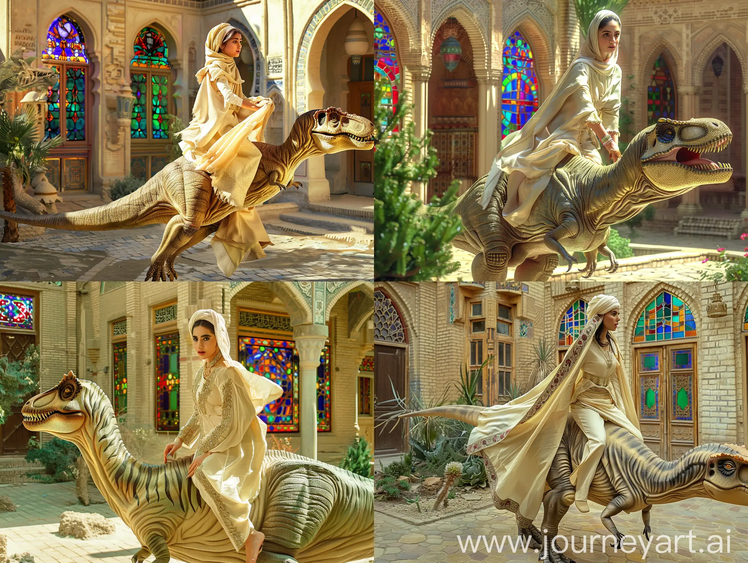 یک زن جوان پارسی با لباسی سنتی کرم رنگ و شالی کرم رنگ بر سر در حال سوار شدن بر روی یک دایناسور است، آنها در حیاط خانه سنتی با پنجره های شیشه ای  رنگی در امپراتوری پارس است، یک عکس واقعی با جزئیات دقیق و نور ظهر برای من درست کن