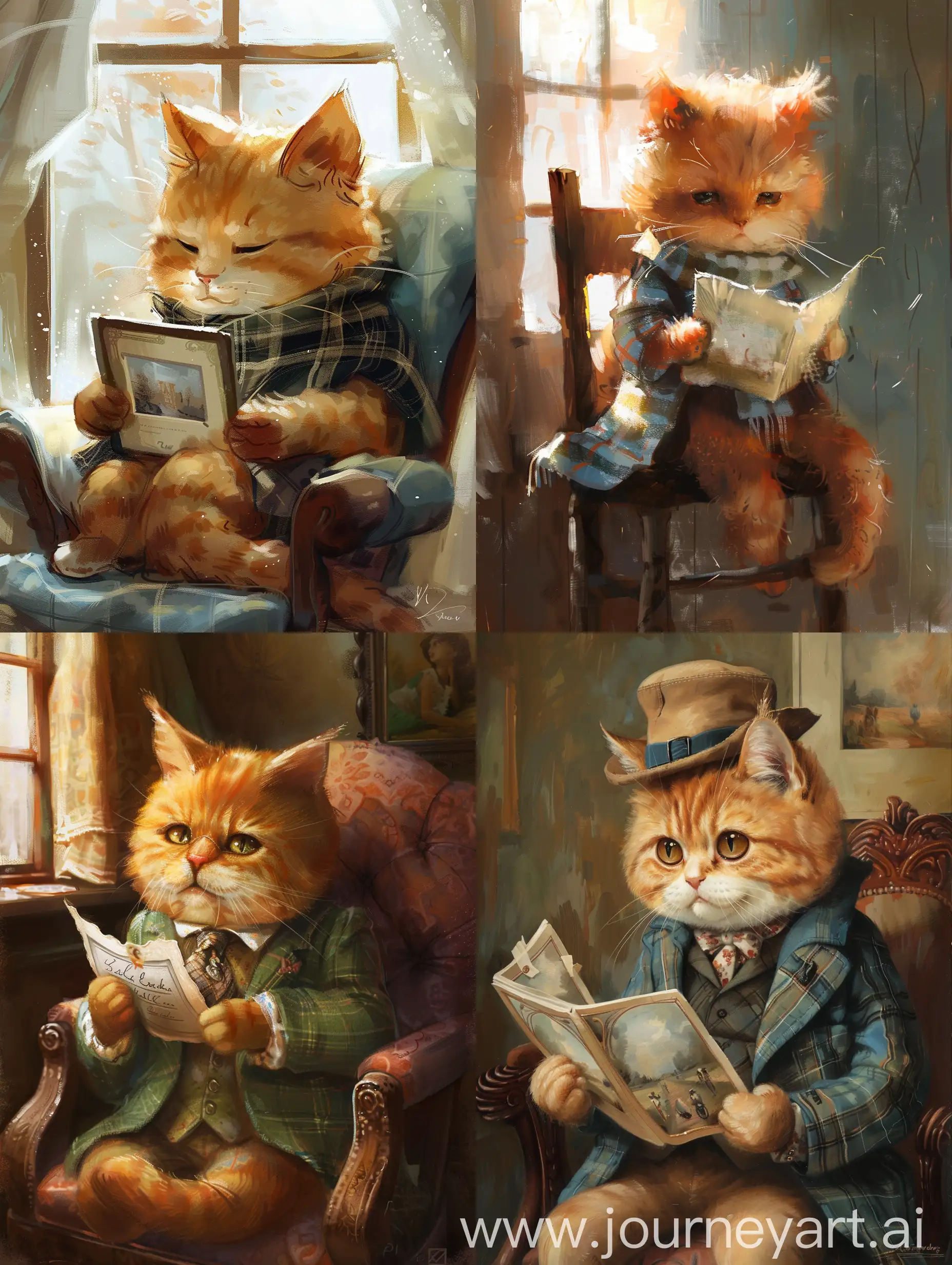 A chubby baby orange cat, dressed in a fashionable outfit, looks sadly at a picture he is holding. Sitting on a chair. Anthropomorphic, chibi. indoor setting.Shooting it from the left side.
