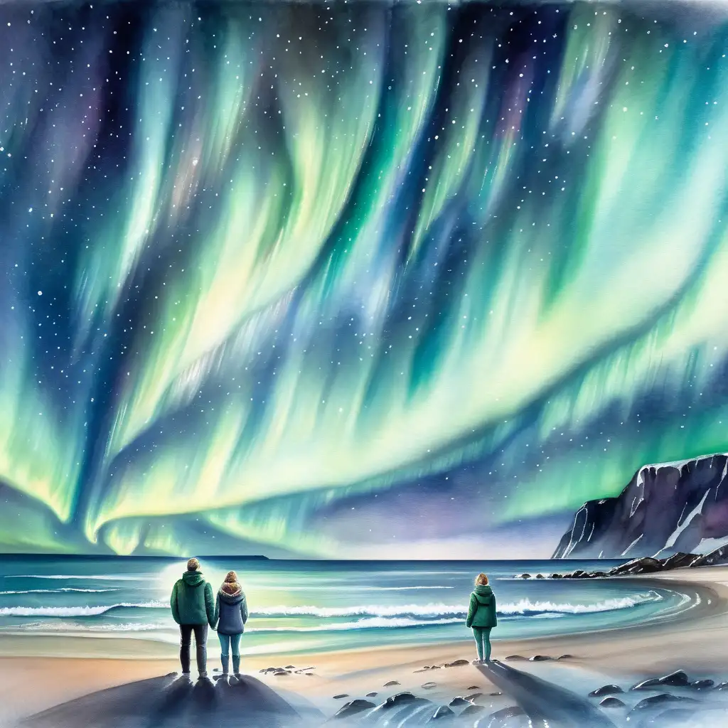 Norrsken över havet, ett par står på stranden och tittar, med vattenfärg 