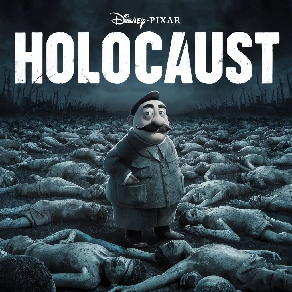 Disney Pixar poster of the animated movie named "HOLOCAUST" with mustache man Adolf Hitler standing among dead bodies