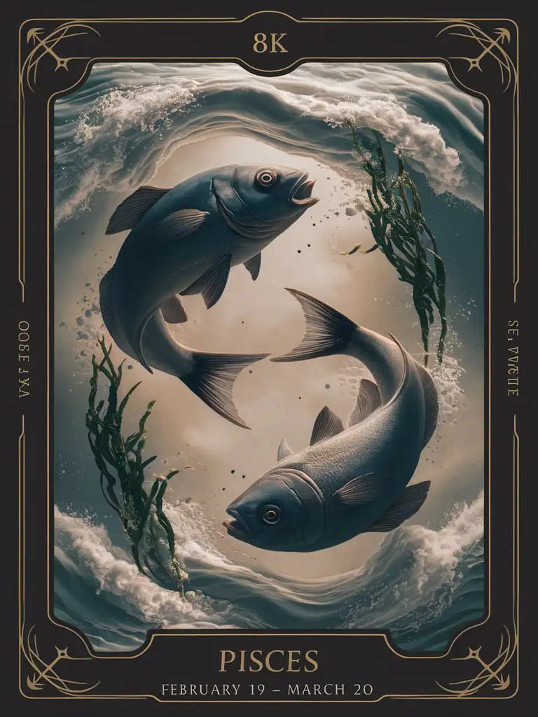 Design a HQ ""Title: Pisces"" tarot card featuring ""Subtitle: February 19 - March 20"" premium 14PT black card stock authenticated breathtaking 8k 16k visuals /"Two fish swimming in opposite directions, often surrounded by ocean waves, seaweed, or a dreamy, ethereal background."/, complex fandom artwork, Add_Details_XL-fp16 algorithm, 3D octane rendering style (3DMM_V12) with the mdjrny-v4 style, infused with global illumination --q 200 --s 275 --ar 3:4 --chaos 500 --w 500