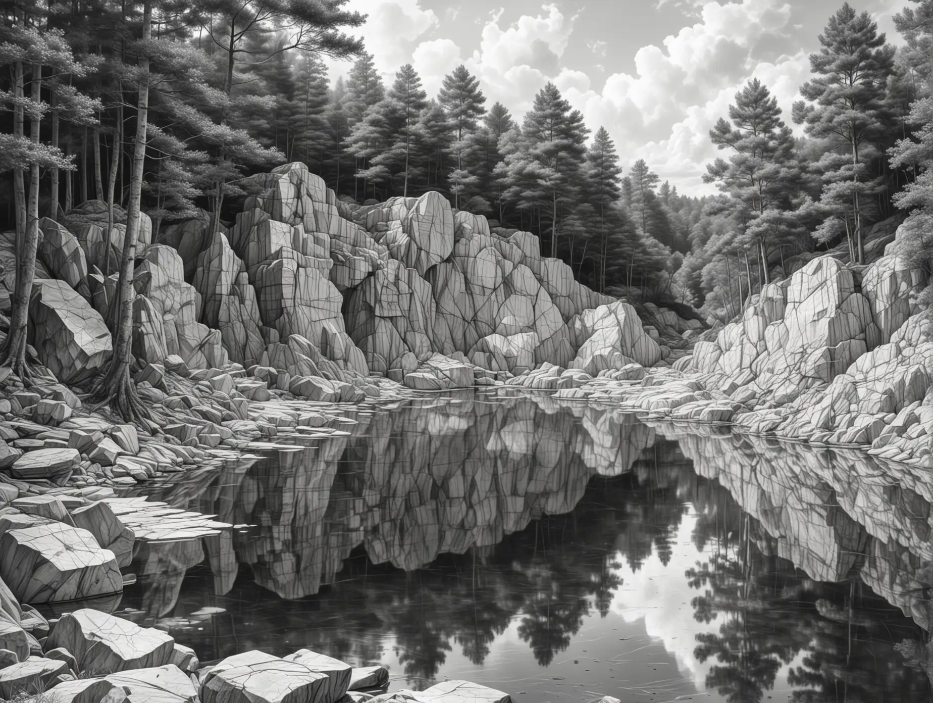 Detailed-Realistic-Pencil-Drawing-of-Trees-by-a-Marble-Quarry-Lake