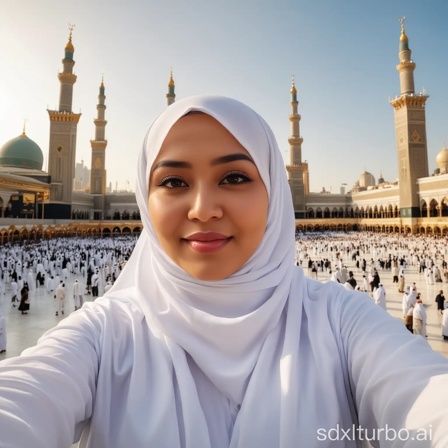 Selfie photo ultra wide of chubby Indonesian woman wearing white hijab, white Ikrom shirt, View of the Kaaba in Saudi Arabia Kaaba background, Umrah, Selicca lens, realistic, photography, ultra HD, 6 k
