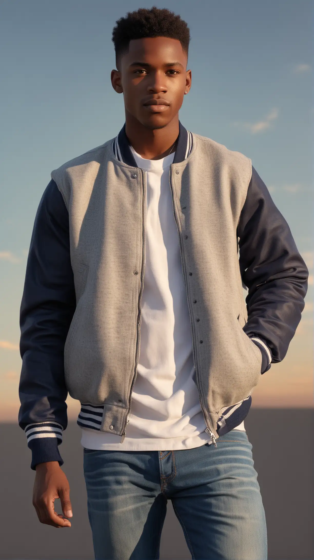 Attractive, young, African male, wearing, a low fade hairstyle, wearing a light grey, melton wool baseball jacket with Navy Blue sleeves, zip front, wearing blue jeans, looking past the camera, time of day is afternoon, the sky is bright, lighting is Volumetric, hyper realistic detail and full 4k resolution.