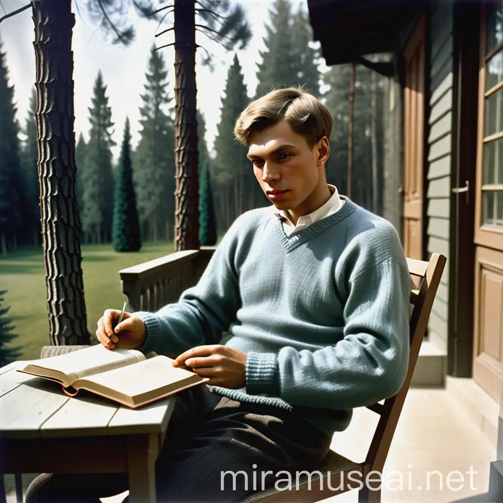 Young Boris Pasternak Reading Book on Veranda with Pines Background 1920 Color Photo