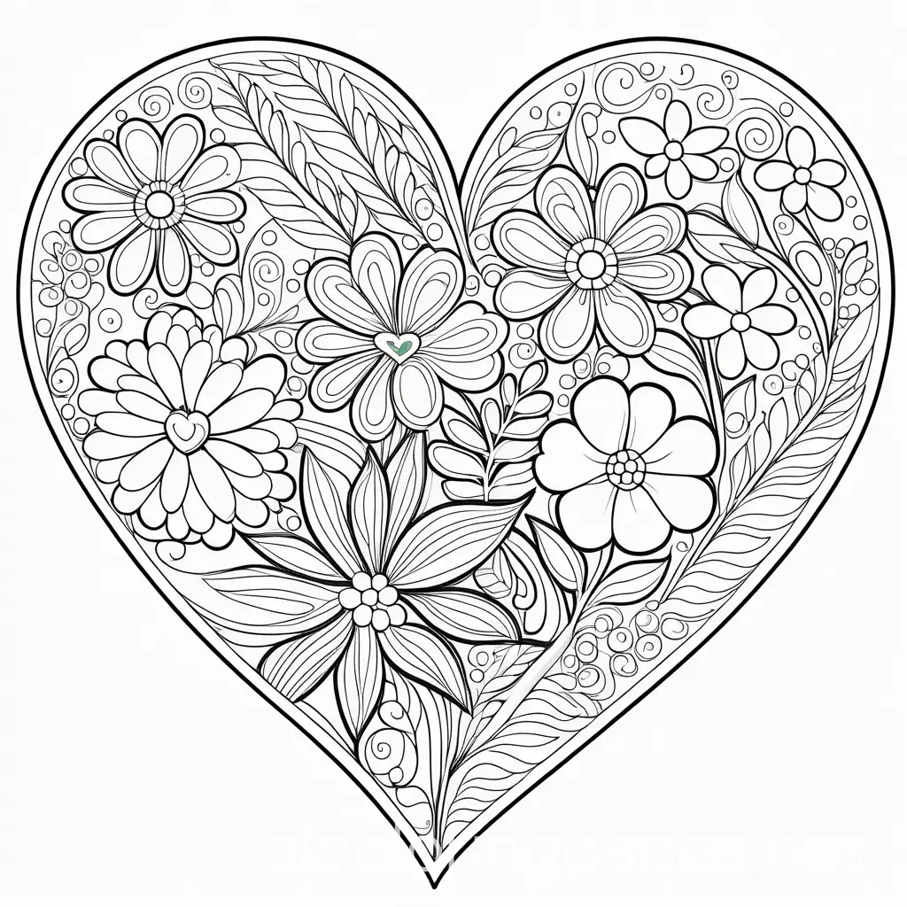 Flower filled heart, Coloring Page, black and white, line art, white background, Simplicity, Ample White Space. The background of the coloring page is plain white to make it easy for young children to color within the lines. The outlines of all the subjects are easy to distinguish, making it simple for kids to color without too much difficulty