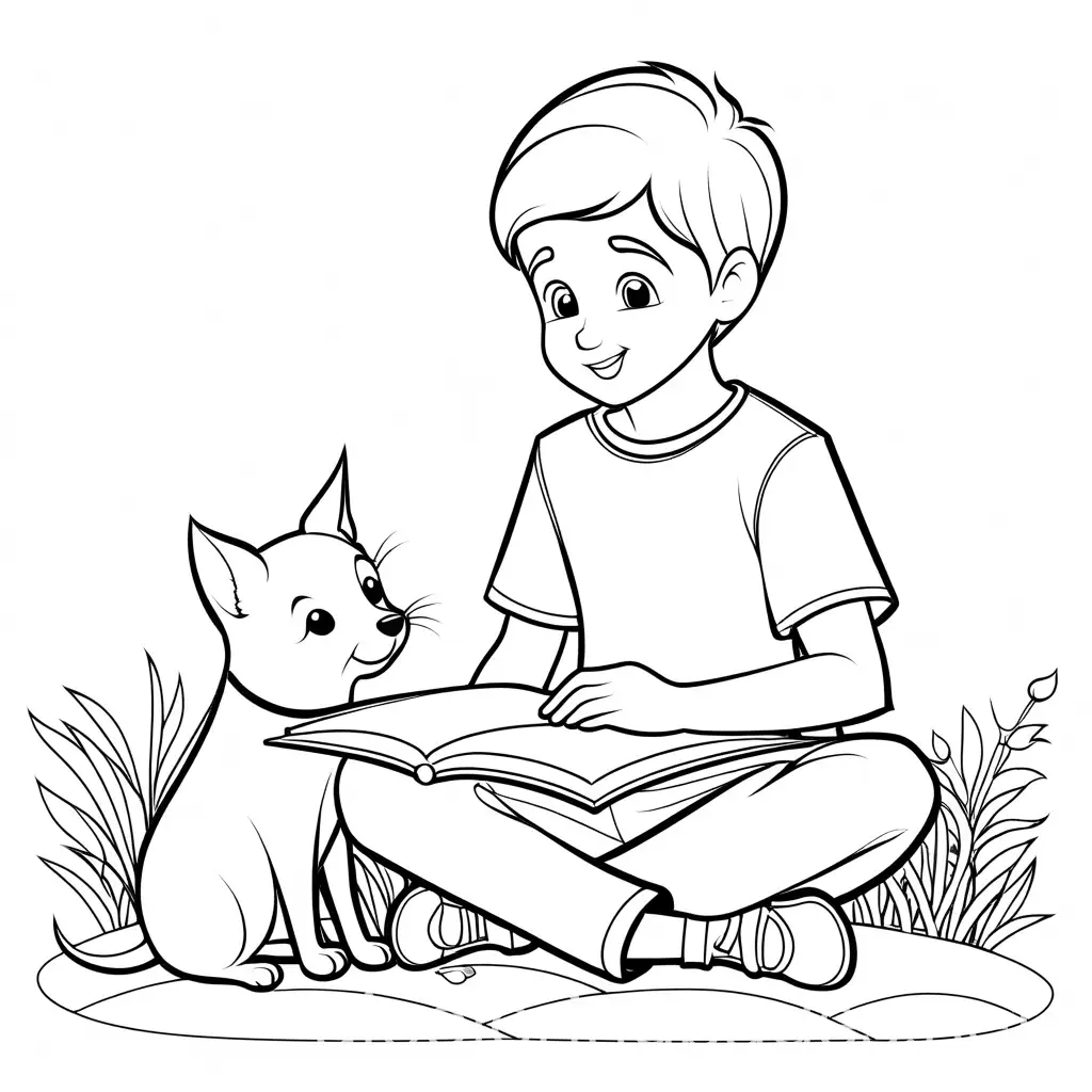 an affican american boy being pleasantto his pet:coloring page, Coloring Page, black and white, line art, white background, Simplicity, Ample White Space. The background of the coloring page is plain white to make it easy for young children to color within the lines. The outlines of all the subjects are easy to distinguish, making it simple for kids to color without too much difficulty 