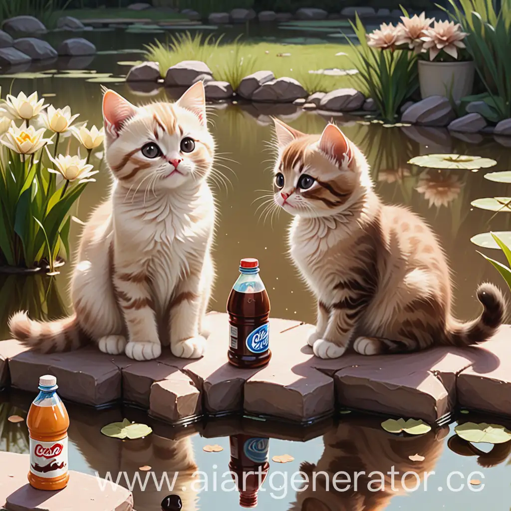 Two-Happy-Kittens-Walking-by-a-Pond-with-Soda-and-Chips