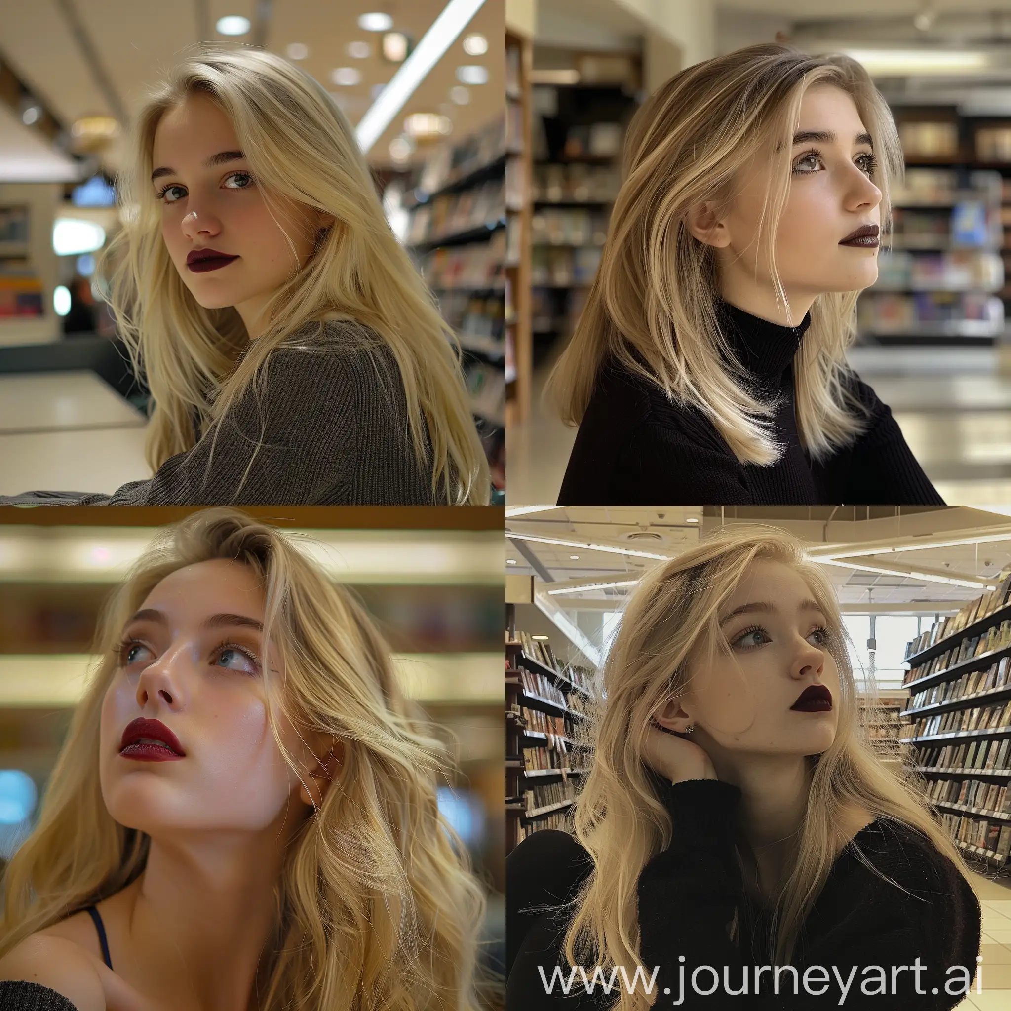 Low angle,. Front view. looking away from  the camera.. A very beautiful blonde girl. 14. Preppy. detailed face.  Sitting in Barnes and Noble. ((Dark lipstick)). (Girls age 14) cheerleader