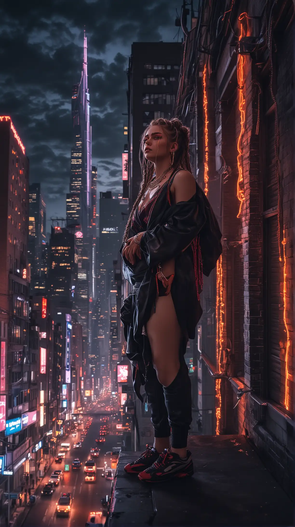 A vibrant and energetic image inspired by a trap song 'Plugg'. The scene shows a young Caucasian artist on top of a building in a modern city with braided hair, lit up by neon lights. Wearing designer clothes and flashy jewelry, highlighting his success. In the background, a luxury McLaren and high-end stores represent his material achievements. The sky is dark, but the environment is illuminated with intense colors, creating a dramatic contrast that reflects the darkness and the flame of the artist. Eyes like Mangekyo Sharingan, symbolizing his strength and unique vision. The style of the image should be a mix of realism with anime touches