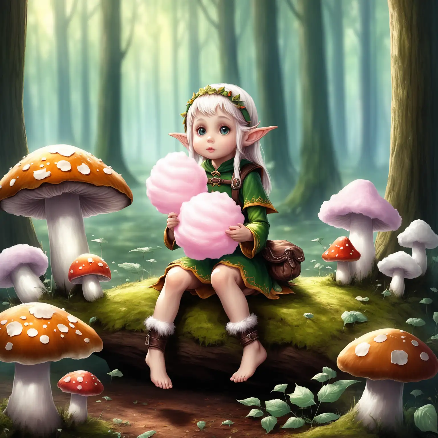 Elf Enjoying Cotton Candy on Mushroom in Enchanted Forest