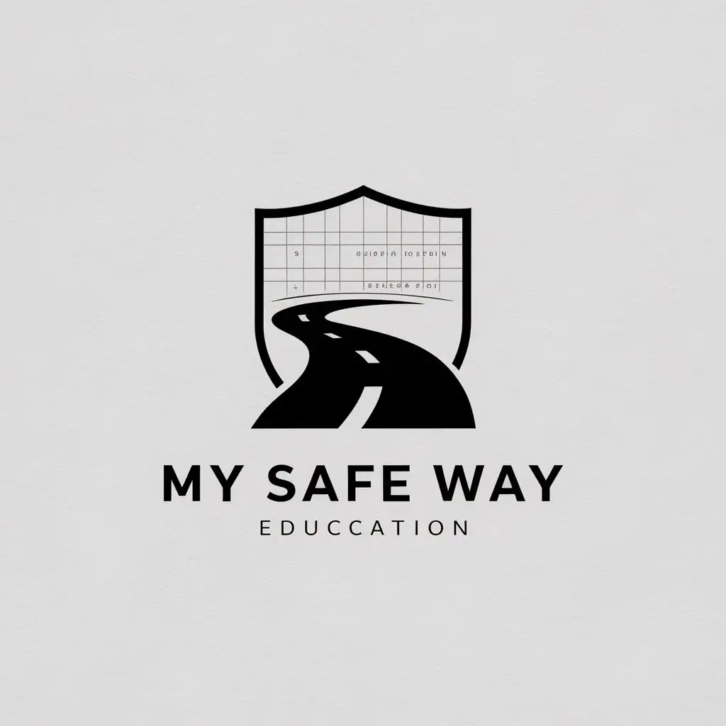 a logo design,with the text "my safe way", main symbol:road,shield,coordinates,Minimalistic,be used in Education industry,clear background