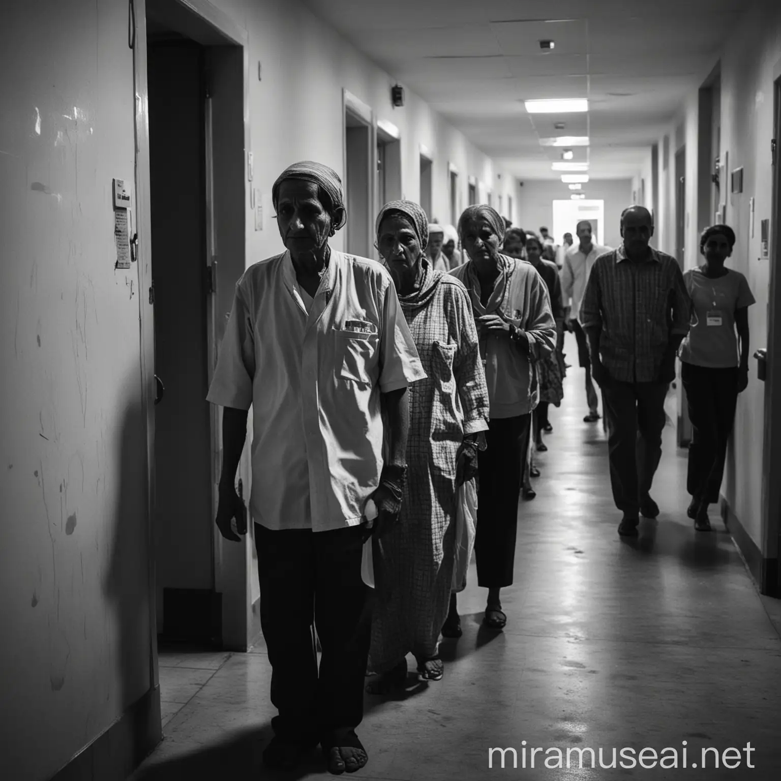 In the somber corridors of a cancer hospital, patients form a queue, their faces etched with a mixture of apprehension and resolve. The pallid lighting casts long shadows, accentuating the weary infrastructure of the facility. Despite the visible strain on both the infrastructure and the patients, there's an undeniable sense of camaraderie among those waiting for their turn at registration. Each individual carries a burden of fear and uncertainty, yet their collective determination to confront their illness paints a poignant tableau of resilience amidst adversity.