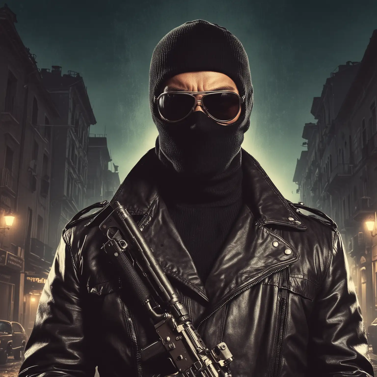 private detective with balaclava , angry face, sunglasses and leather jacket, assault rifle, vintage Italian movie poster style, dark city at night
