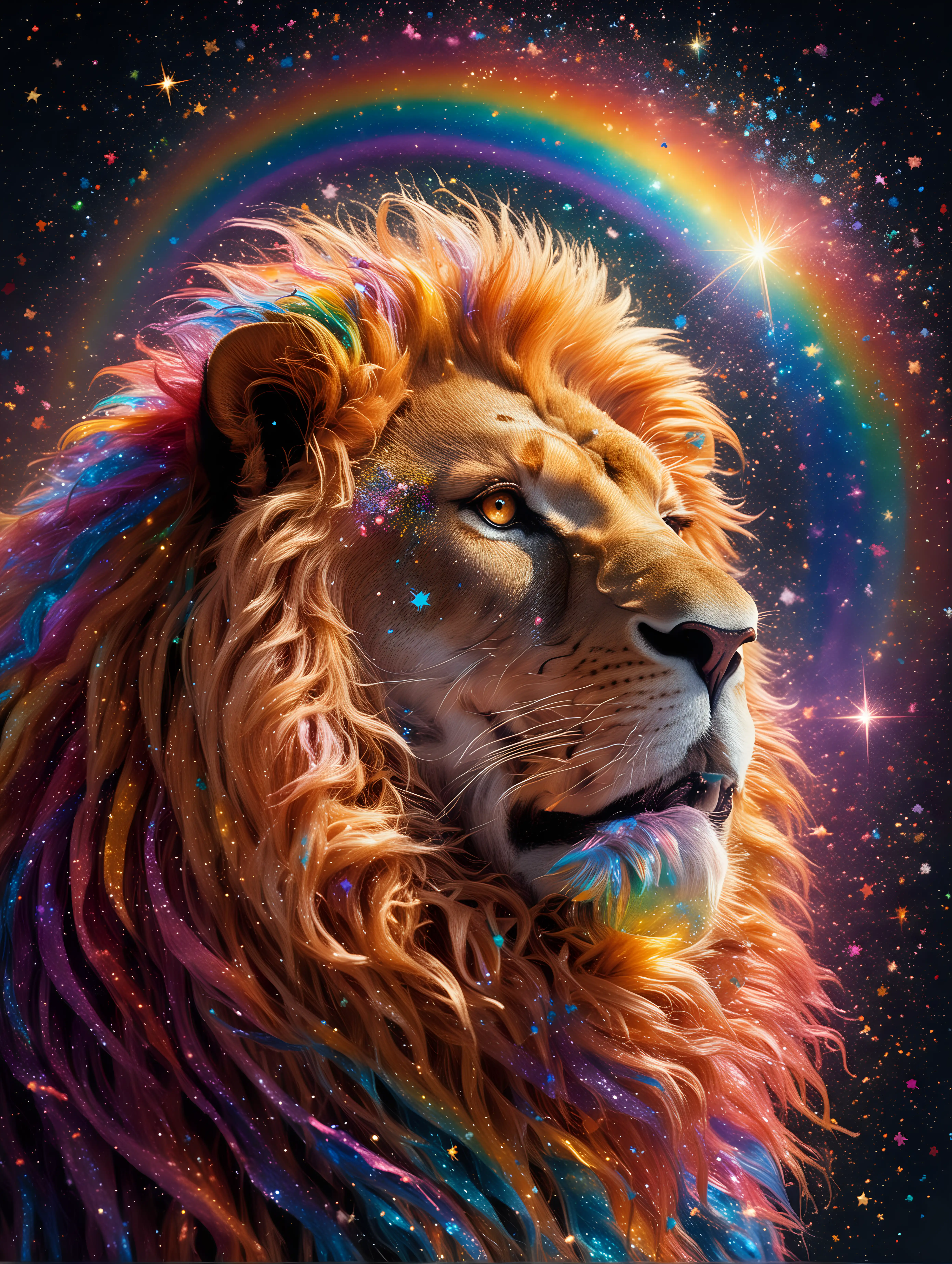 A Majestic, candy-like Rainbow Glitter and iridescent powder swirling picture of a lion with a star shining down behind him