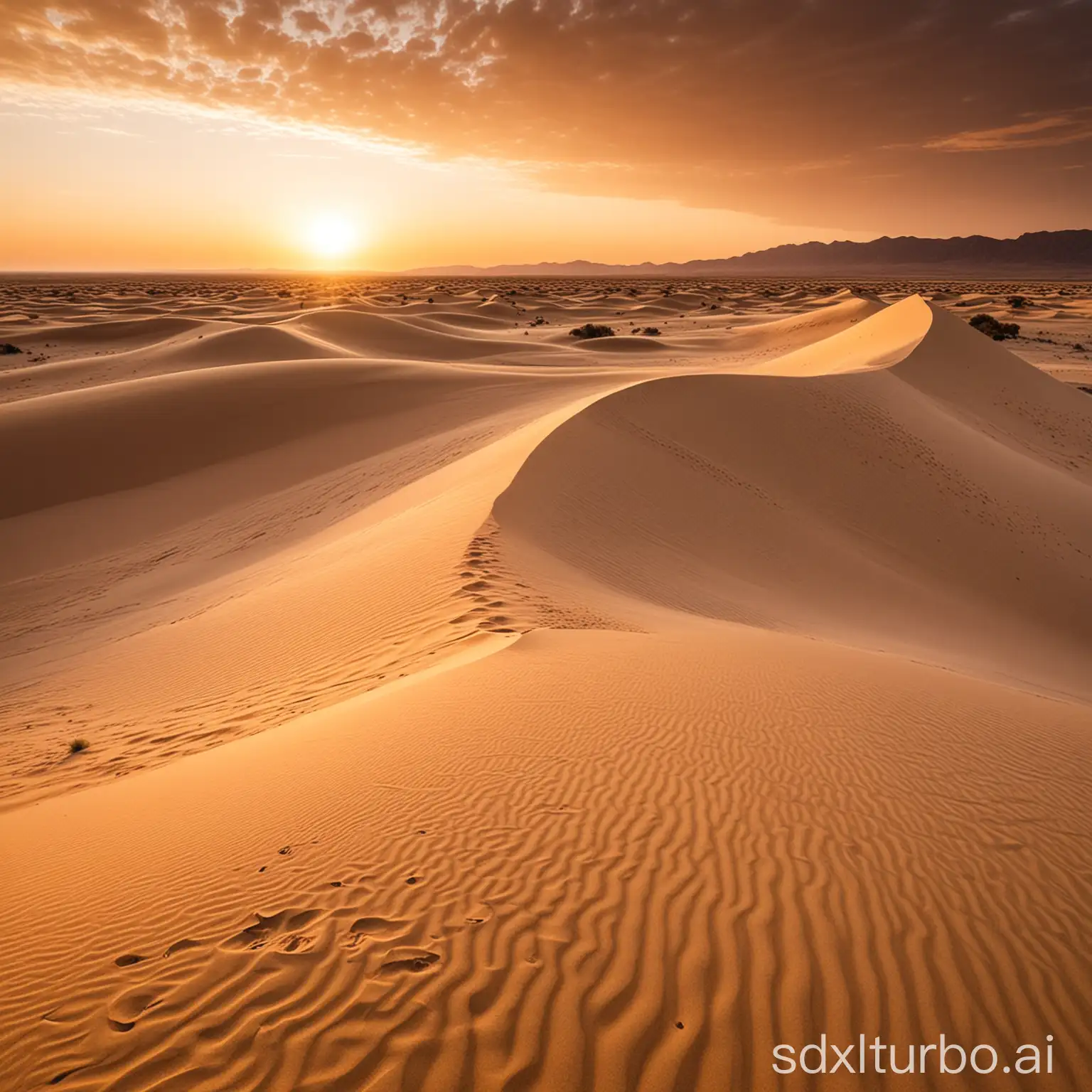 A golden sunset over endless sand dunes in the desert.