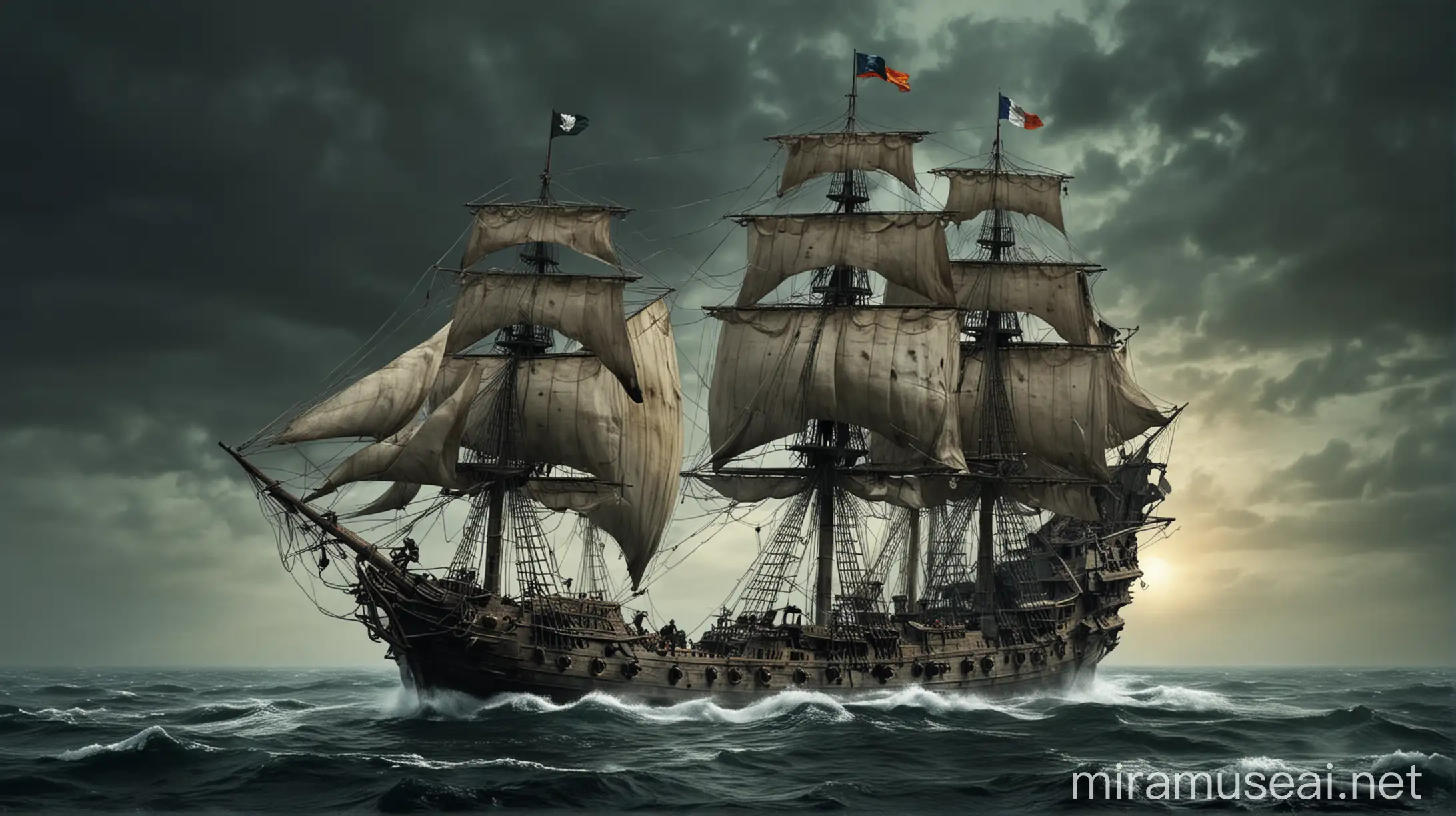 Legendary Flying Dutchman Ship Sailing through Stormy Seas