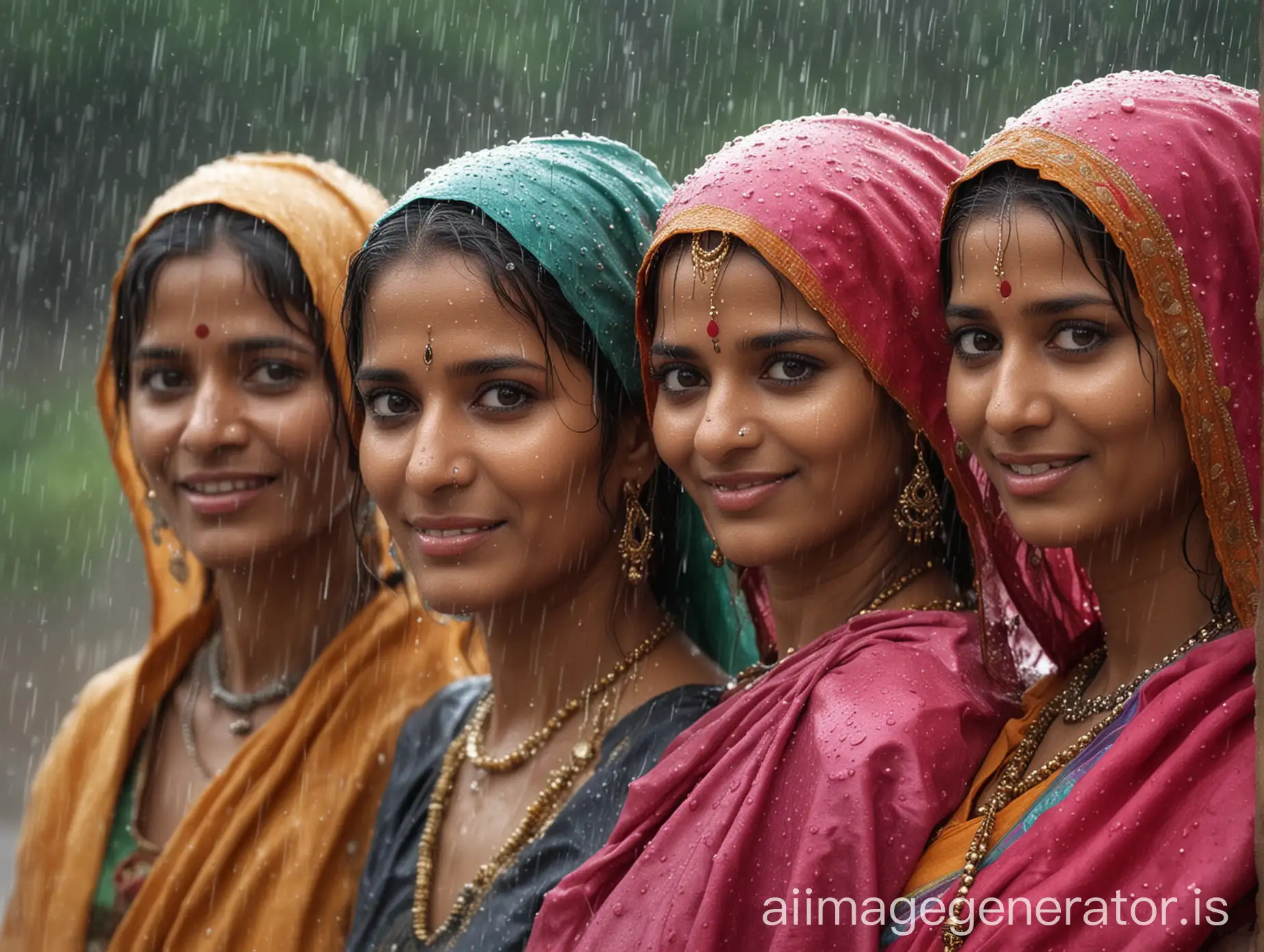 Generate a real image of group of Rajasthani ladies in rains