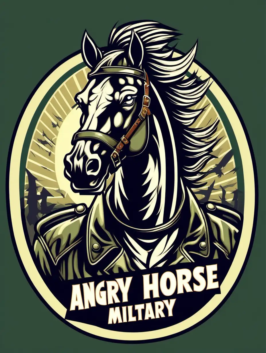 angry horse military, detailed, illustration design, retro style
