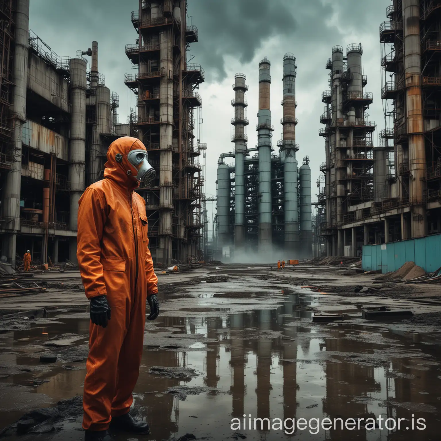An eerily surreal scene of a man with a trapezoidal aqua-colored suit, wearing a mask with a face that is part human, part machine.He stands amidst towering concrete buildings and massive petrochemical distillation columns, creating a stark contrast between the natural and industrial environments. The color palette is dominated by reds, oranges, and acid yellows, with black clouds looming overhead, casting a foreboding atmosphere. 