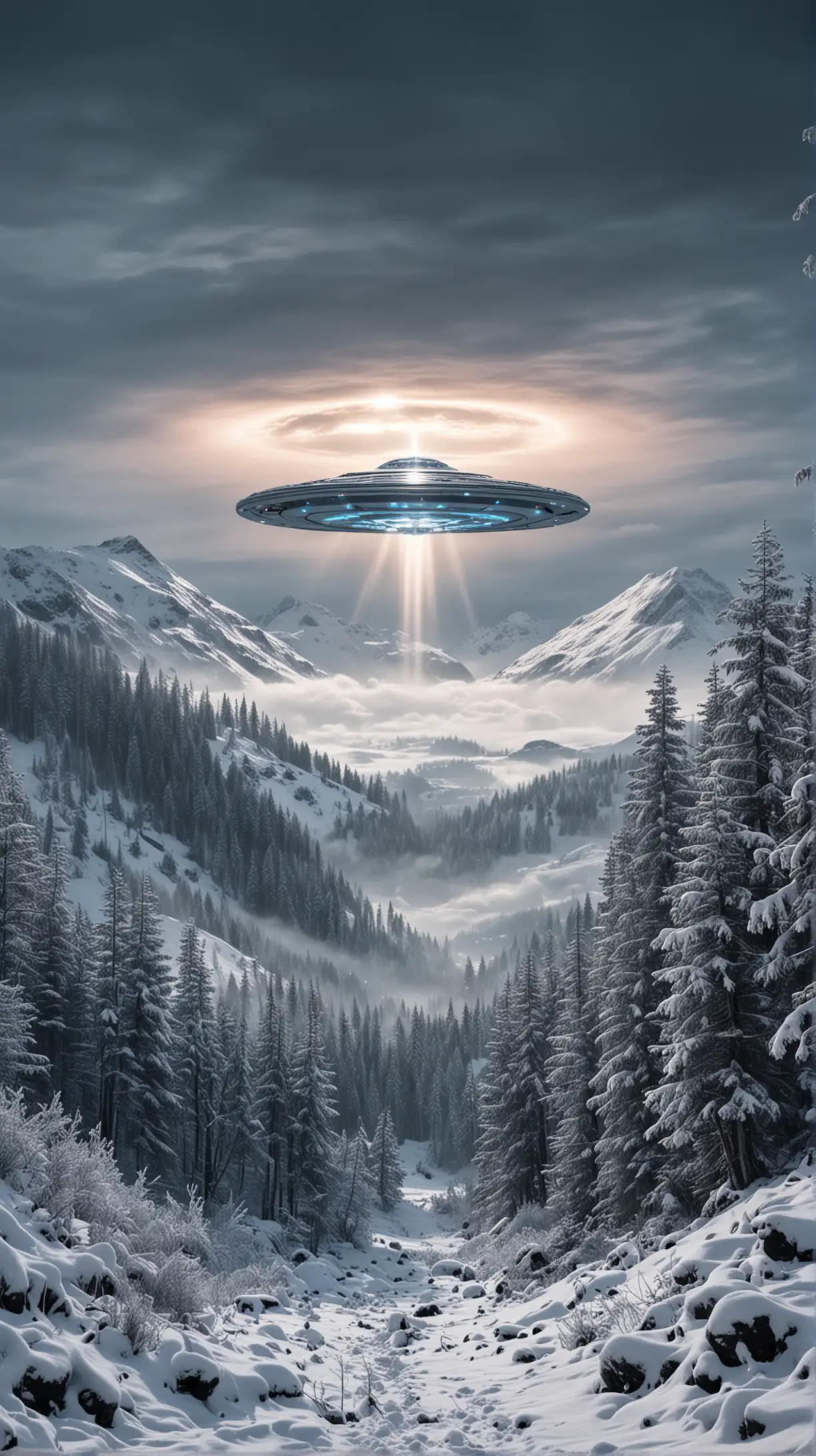 UFO Flying over Snowy Mountain Peaks