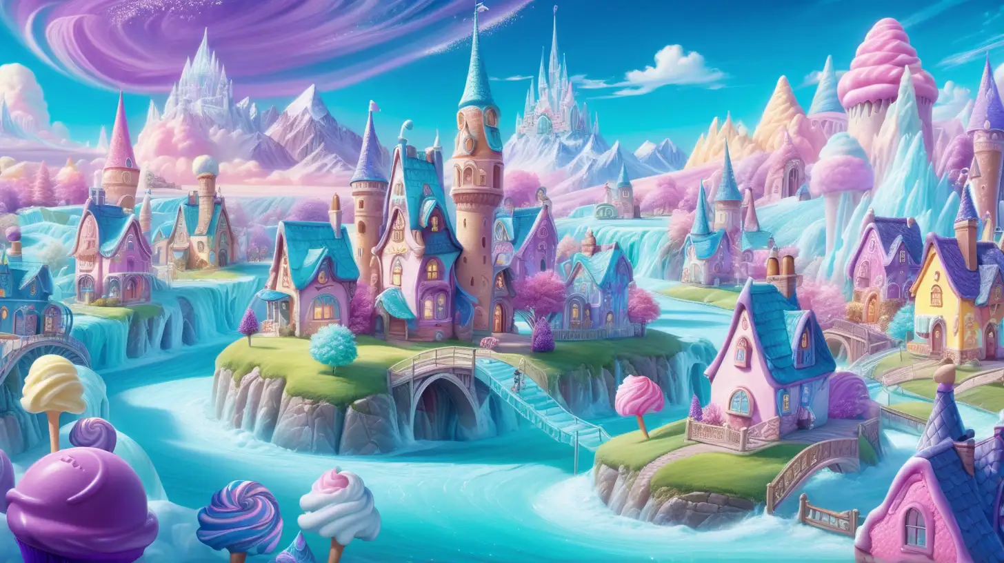 Fairytale ice cream castle and a Whimsical ice cream town of houses. Surrounding a magical bright-turquoise-ice cream river with whip cream clouds. Purple. Blue. 8K. bright-yellow, and blue sky with cotton-candy clouds.