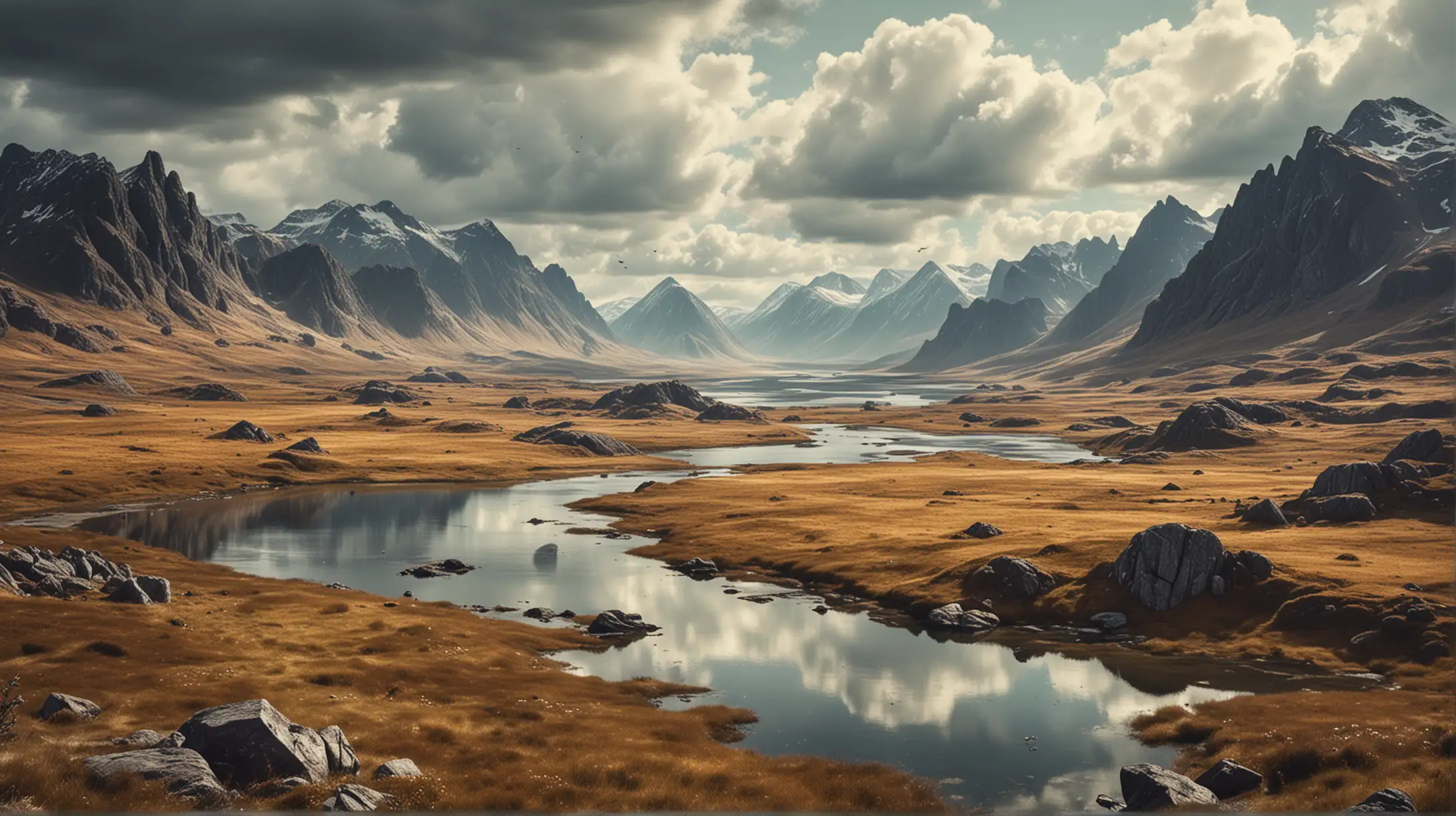 The landscape of a highland, some small steampunk collets, high mountains on the horizon, a little lake in the middle of the landscape, cloudy, bird's eye distant view