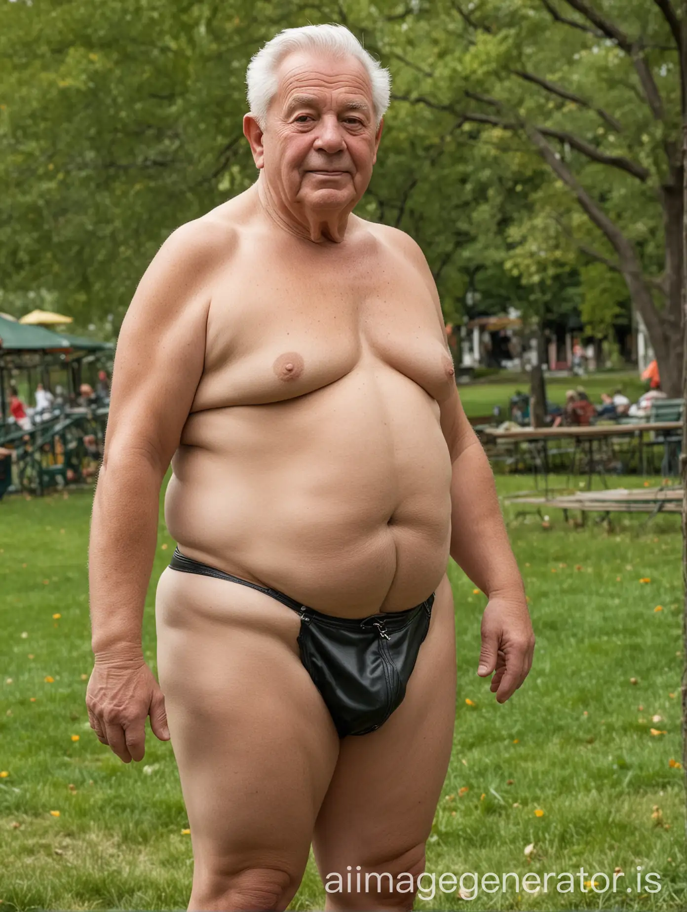 Chubby Elderly Man in Leather Thong Poses in High Resolution Photo at Park  | AI Image Generator