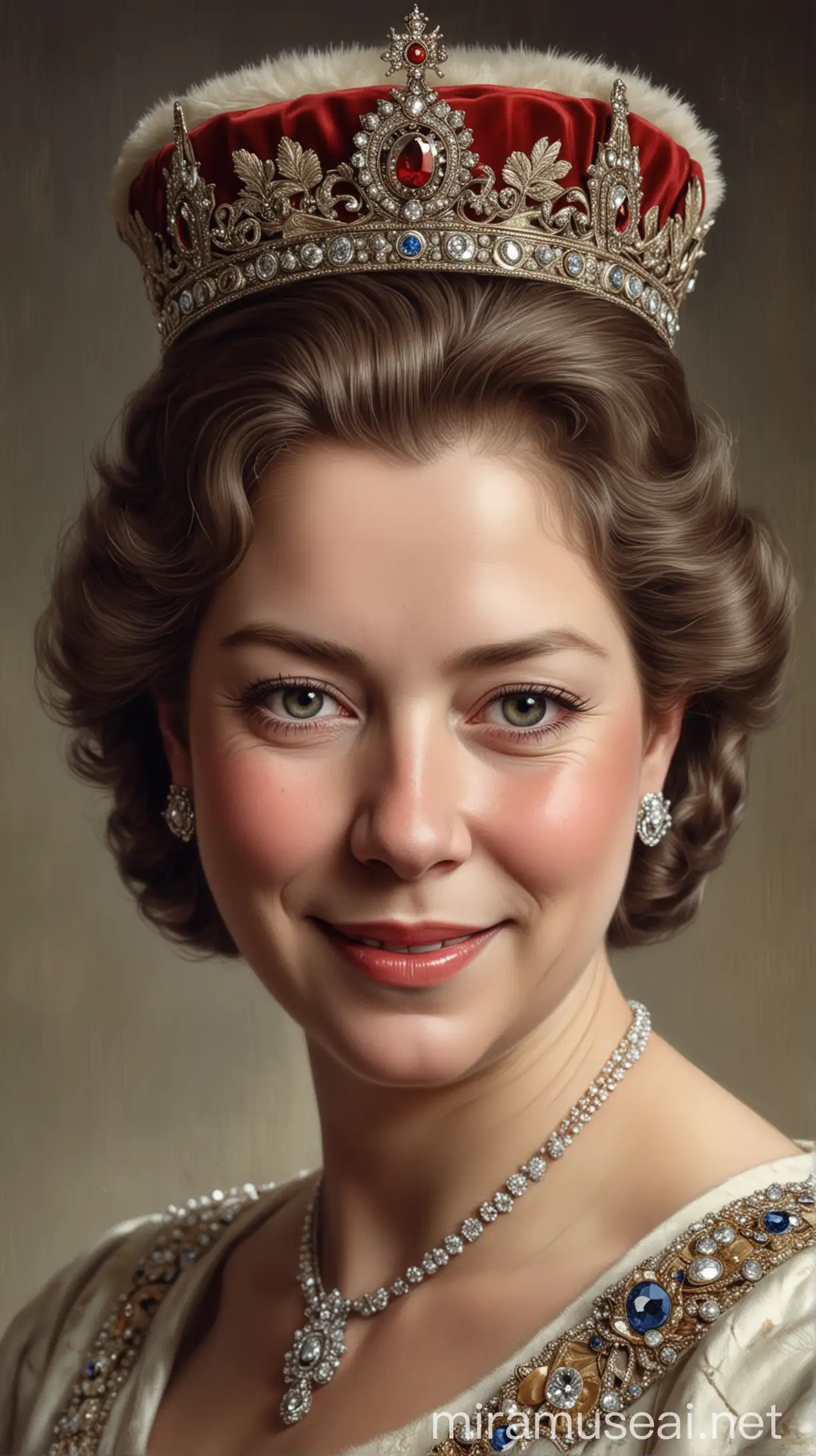  An illustration of Queen Elizabeth II as a young woman, wearing a crown and royal regalia, with a subtle smile and a hint of determination in her eyes. hyper realictic
