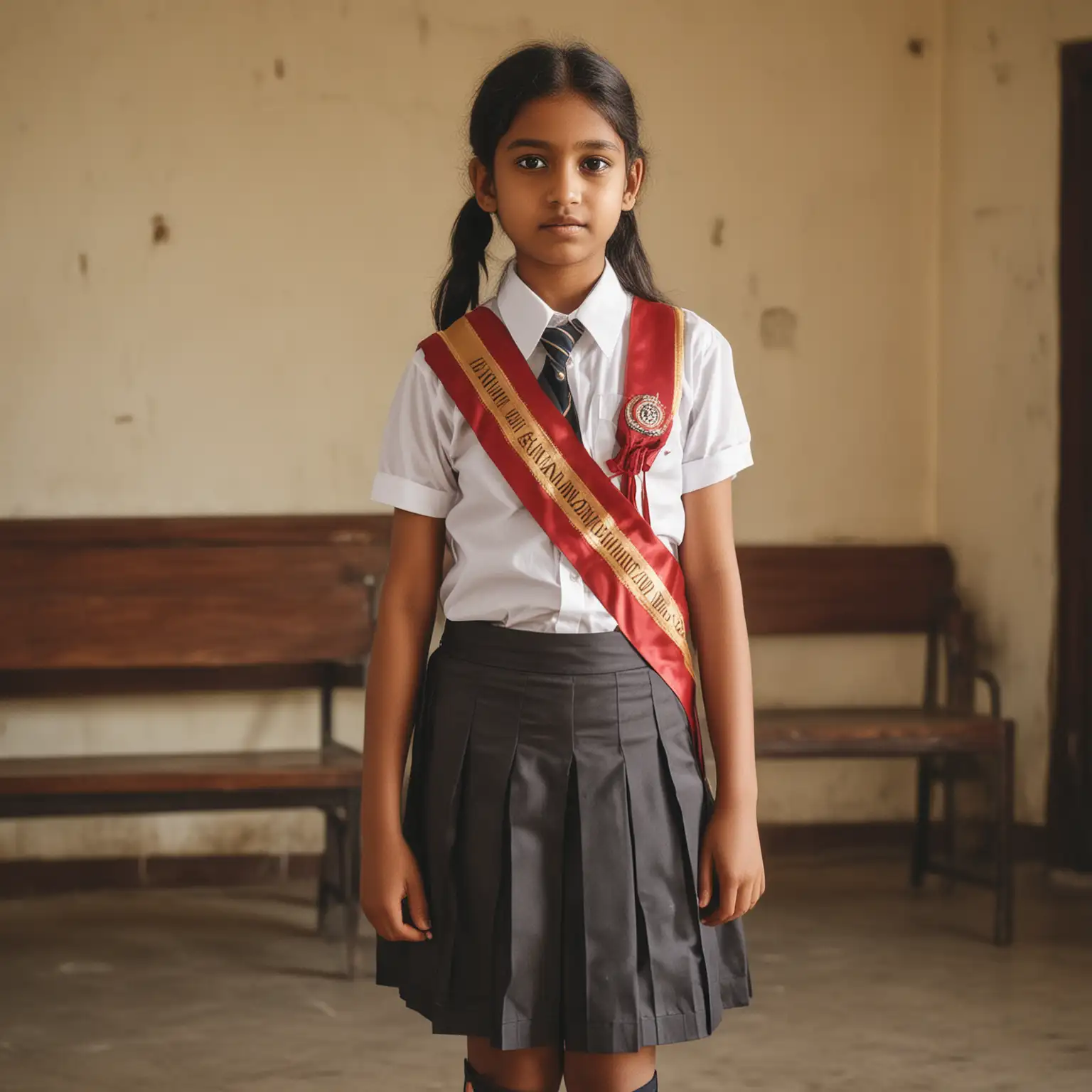 An indian school stundent girl who is a school captain wearing school uniform with a satin sash on the uniform standing in the school assmbly. The satin sash has details saying CAPTAIN