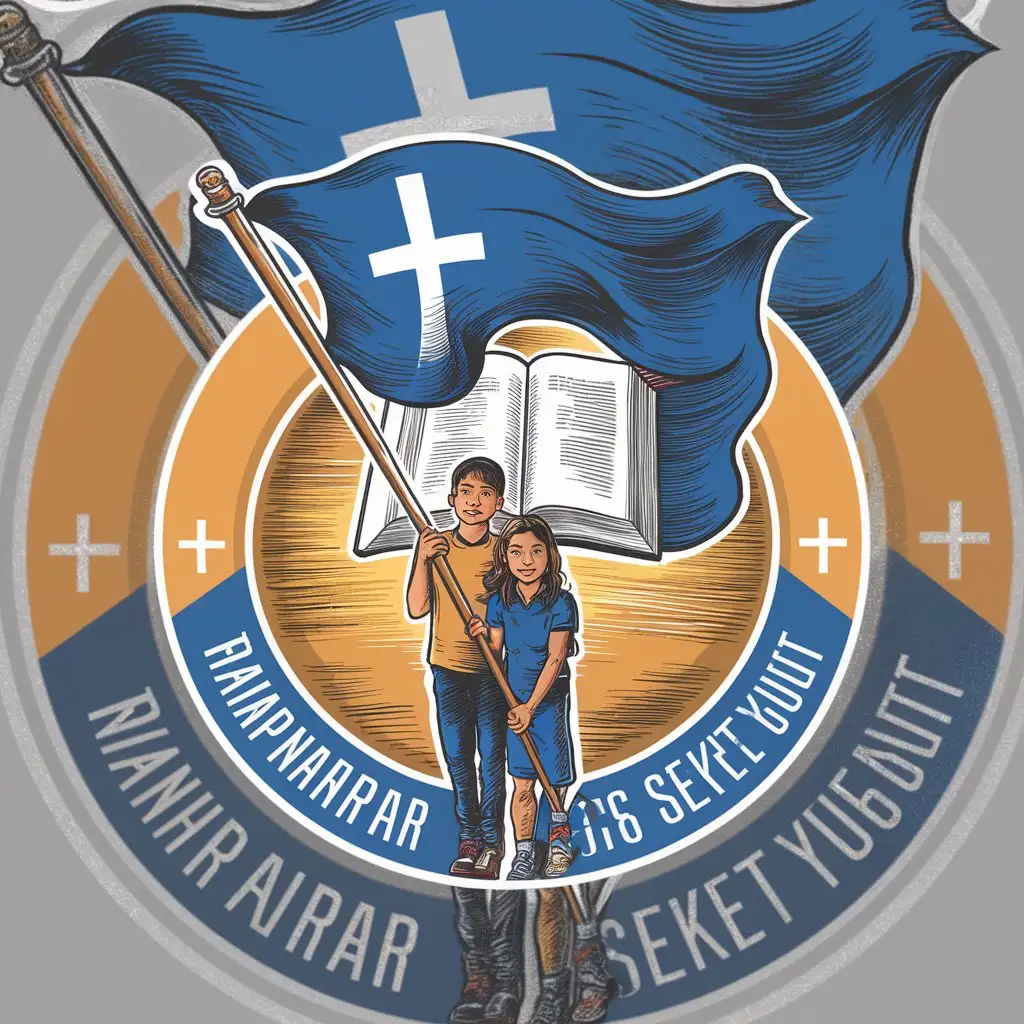 a logo design,with the original text 'ELC Wampar Seket Yut', main symbol:Create a logo featuring a * single bible* at background * blue flag* * 2 youth (boy and girl)* holding the flag. The flag should prominently display the Christian long cross symbol. The overall design should be balanced and harmonious, with a circular frame representing unity and continuation. Use blue color.