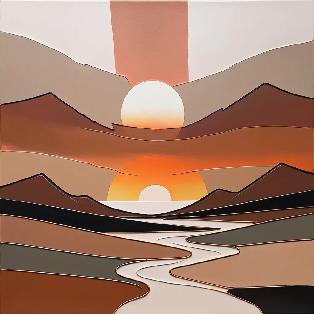 Abstract Sunset Landscape Painting, Minimalist earth tone colors
