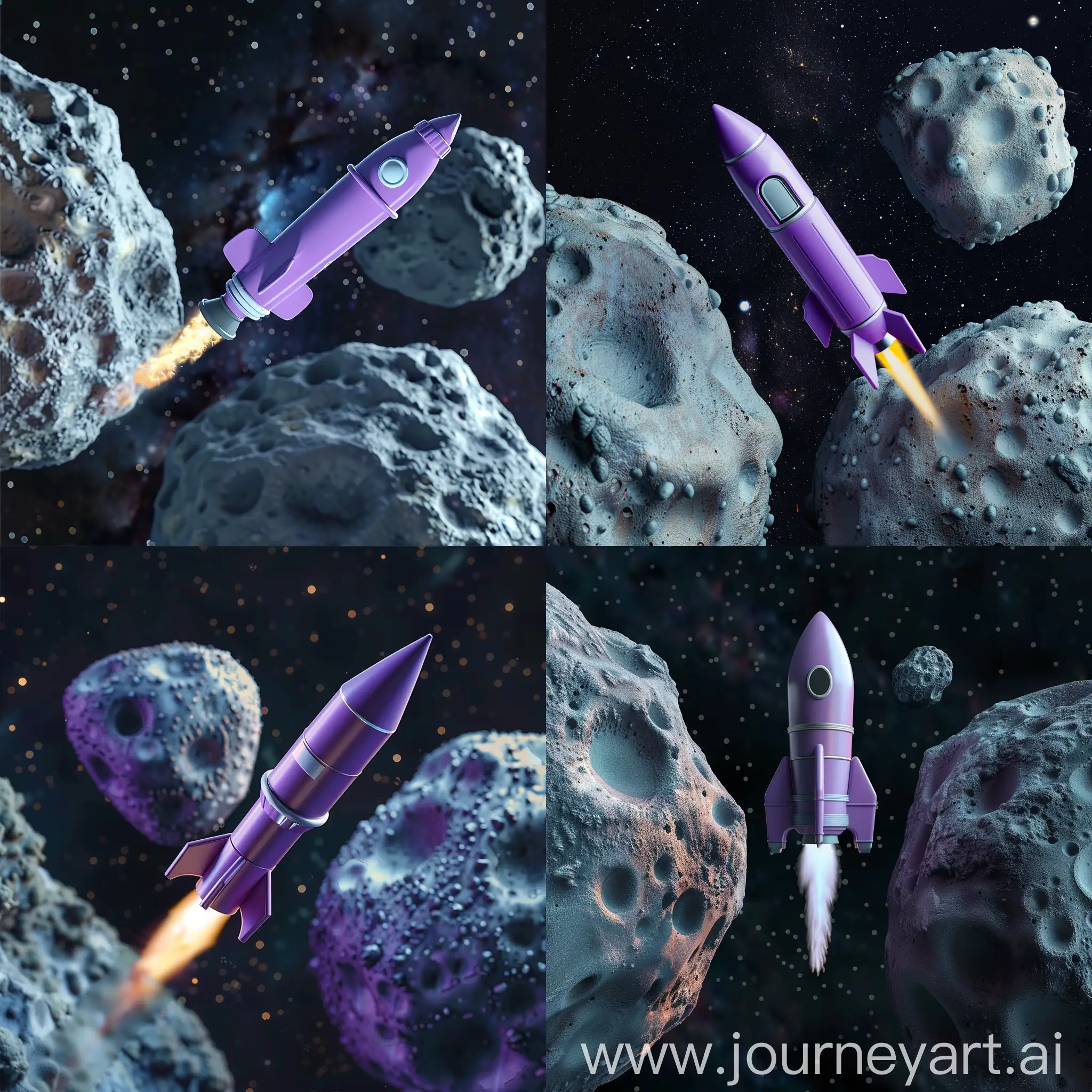 Игрушечная фиолетовая ракета летит на полной мощности в космосе между двух огромных астероидов