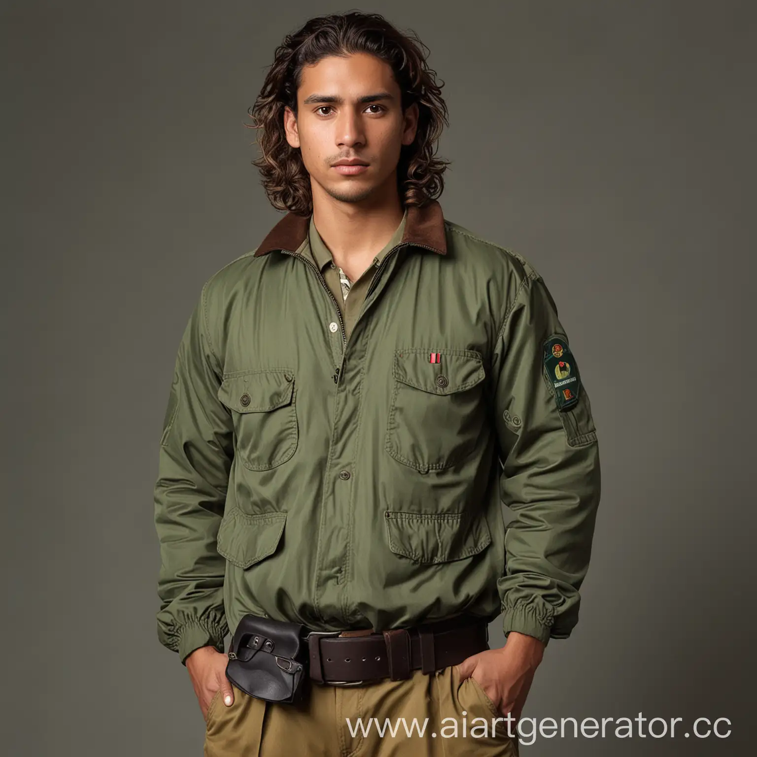 Latin-Man-in-Green-Jacket-with-Game-Bag-and-Long-Brown-Curly-Hair