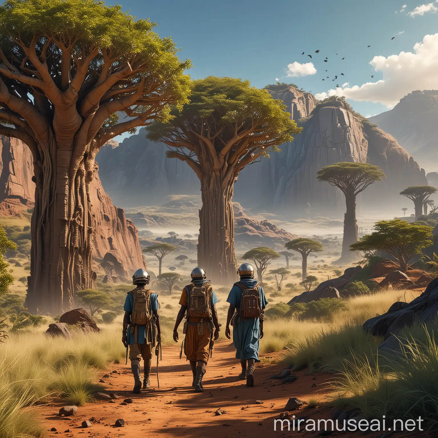 A group of early human explorers of African descent, mainly from southern Nigeria, arriving on the pristine slopes of a tropical savanna. The scene is set during a clear, sunny day with vibrant blue skies and a verdant savanna hills. The humans are depicted as futuristic seafaring tribes, disembarking from large, sleek, and technologically advanced airship. They are dressed in afrofuturistic styles with advanced materials, and subtle technological enhancements. The landscape is lined with tall acacias and towering baobas. The explorers display a mix of curiosity and determination as they step onto the grass, carrying advanced tools and supplies. In the background, distant volcanic mountains rise, adding a sense of awe and adventure. The overall atmosphere should convey the sense of a new beginning and the discovery of an uncharted world