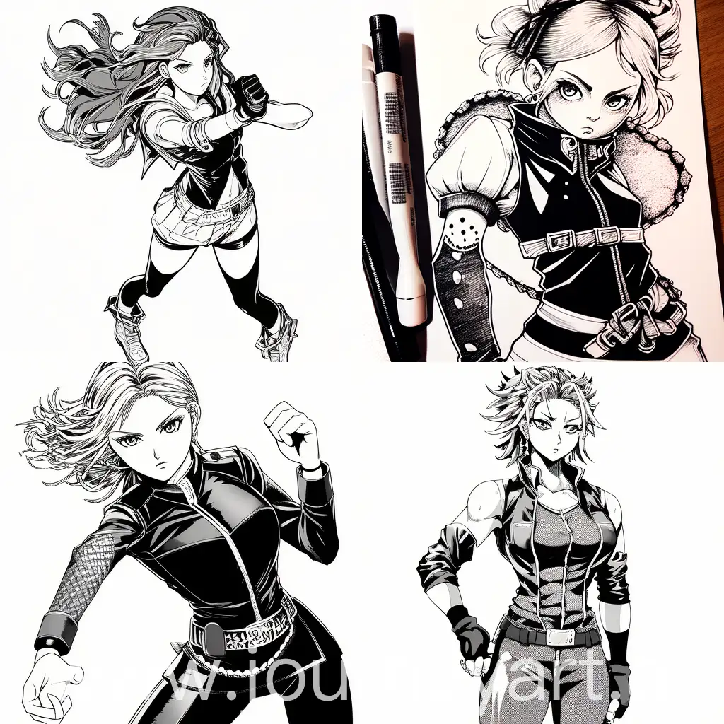 Confident-Manga-Style-Girl-in-Defensive-Pose-Intricately-Detailed-Black-and-White-Artwork