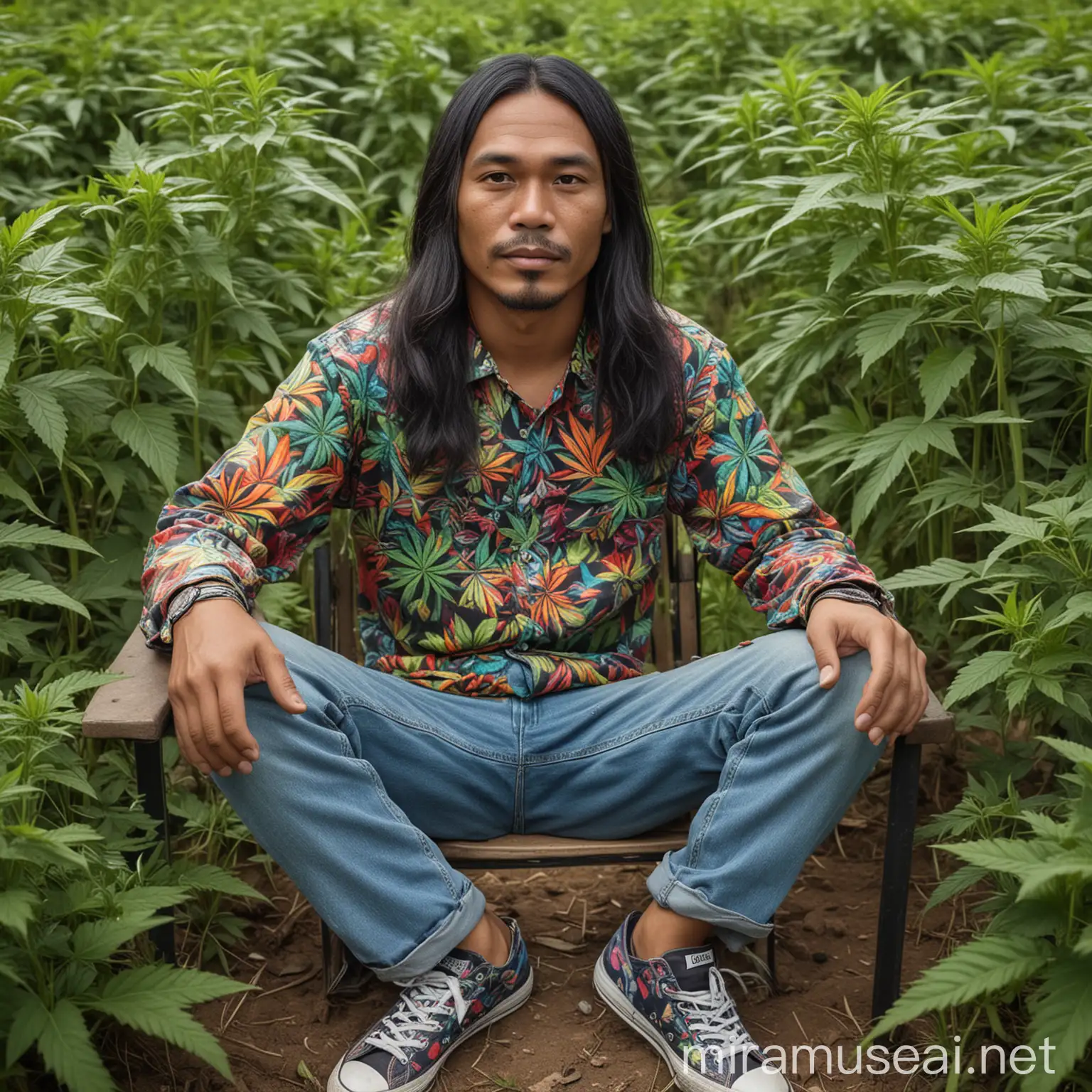 realistic photo laki laki indonesia, age 40, berbadan sedikit besar,rambut panjang, memakai kaos psychedelic, celana jeans cutbray, sepatu converse corak daun ganja,duduk dikursi memangku kaki, di tengah ladang ganja