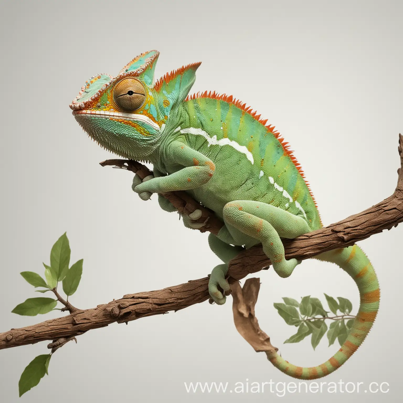 Cartoon-Chameleon-on-Branch-with-White-Background