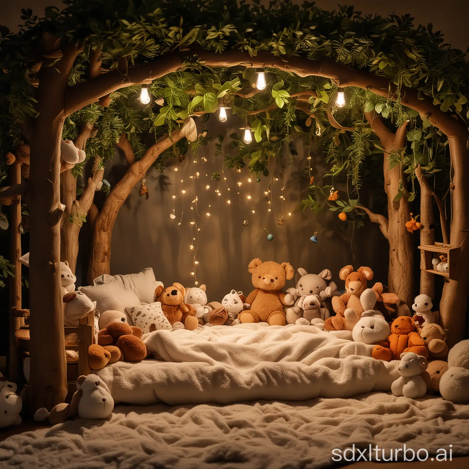 A baby lies in a cozy, treehouse-like crib, surrounded by plush stuffed animals and leaf-and flower-shaped pillows. A gentle nightlight, resembling a forest mushroom, bathes the room in warm, soothing light as the baby sleeps peacefully.