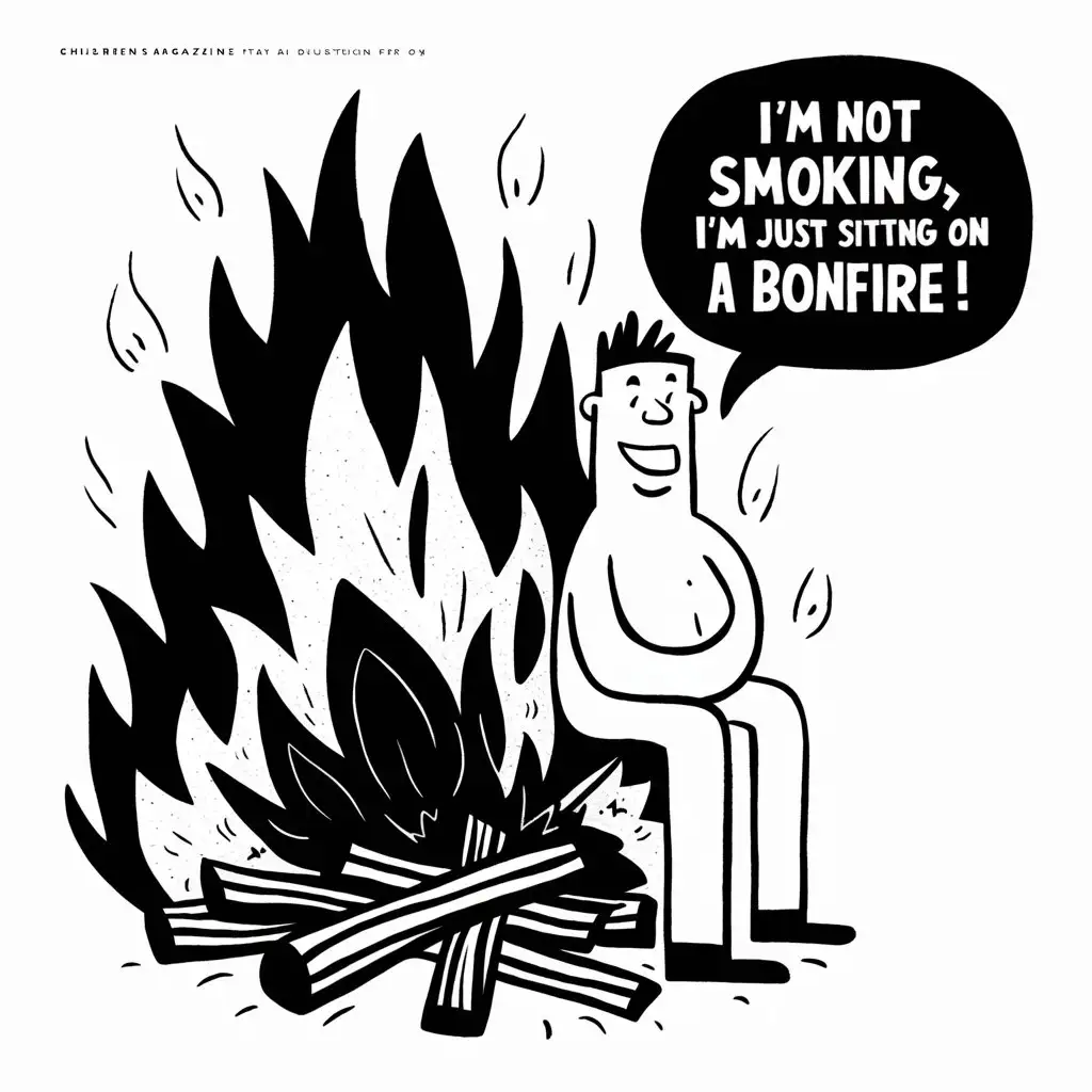 an illustration for a children's educational magazine depicting a man sitting on a burning bonfire, in detail, cartoon style, simplified, minimalism, contrast, a man sitting on fire and burning, a man smoking