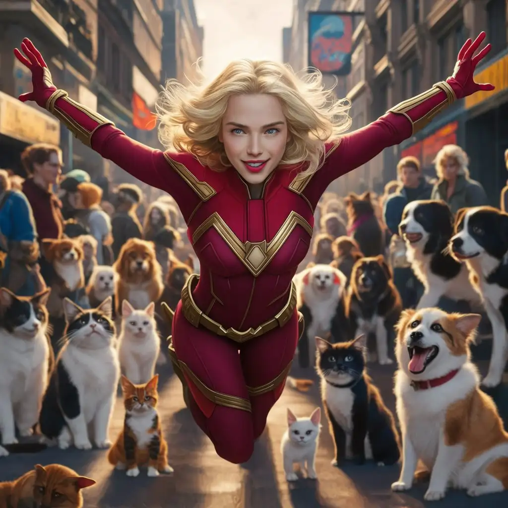 Blonde female super hero in red suit flying above a crowd of cats and dogs