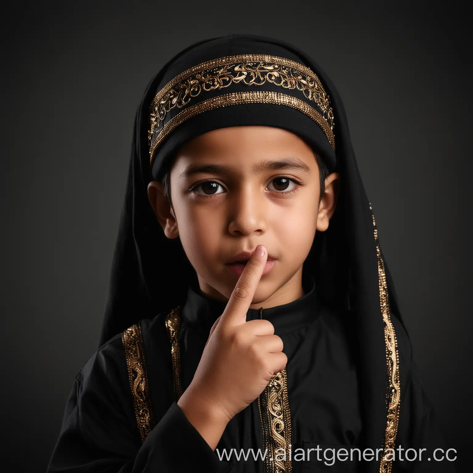 image of a Muslim child covering his lips with his index finger to his friend on a black background