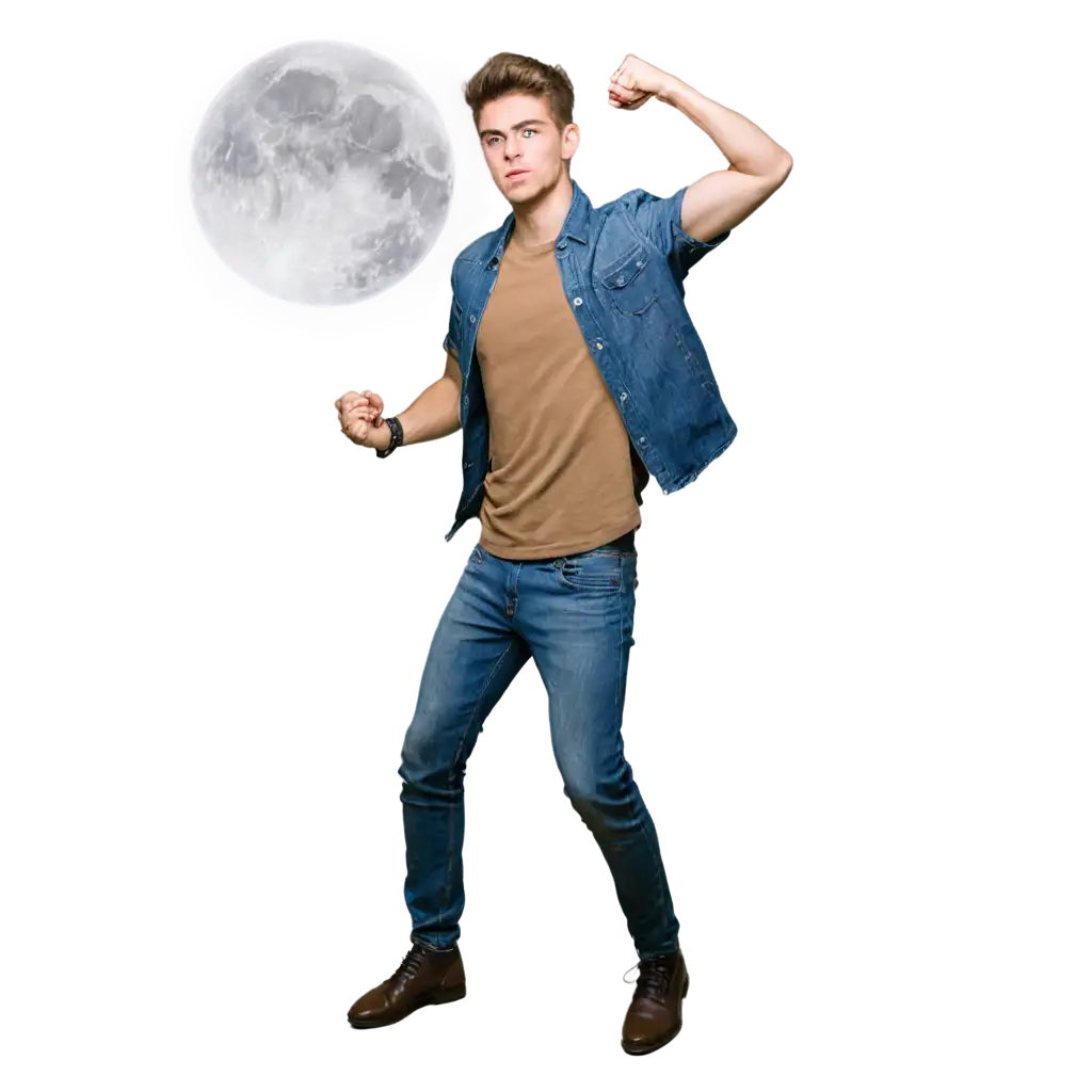 um jovem de 19 anos dando soco na lua, e a terra atrás dele em cenário apocaliptico
