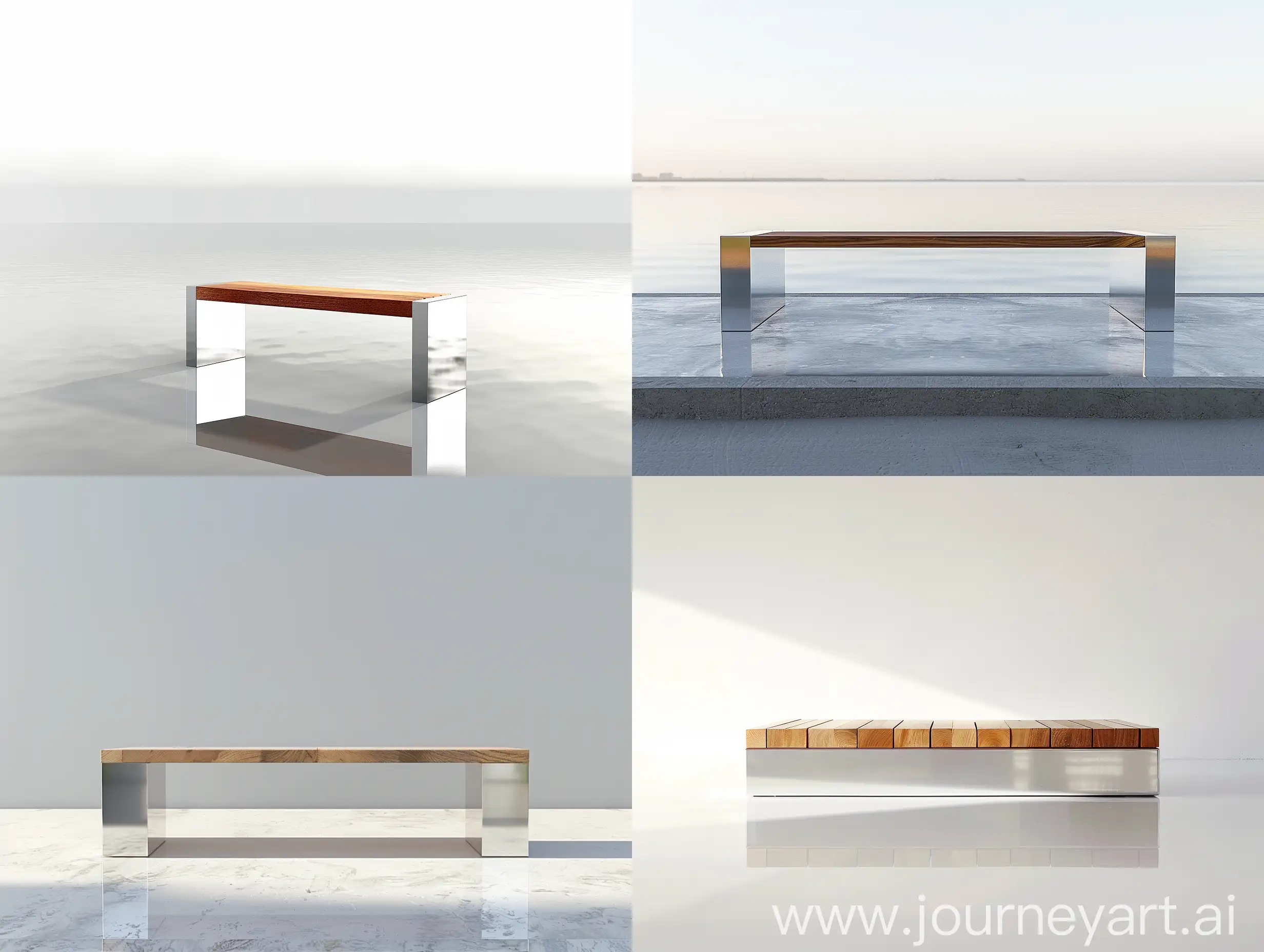 Minimalist Reflection Bench:"Design a Minimalist Reflection Bench with a simple, linear design and reflective surfaces. The bench should be 3 meters long, 0.5 meters wide, and 0.9 meters high, made of polished stainless steel and teak or cedar wood. It should feature clean lines and geometric shapes, designed to interact with natural light and promote introspection and meditation. Reflective silver surfaces paired with natural wood tones create a minimalist and modern aesthetic. This bench is intended for Chitgar Lake, Tehran, overlooking the water."The Minimalist Reflection Bench features a simple, linear design with reflective surfaces. Measuring 3 meters in length, 0.5 meters in width, and 0.9 meters in height, it is composed of polished stainless steel for the reflective surfaces and teak or cedar wood for the seating area. The bench has clean lines and geometric shapes, designed to interact with natural light and promote introspection and meditation. Reflective silver surfaces are paired with natural wood tones, creating a minimalist and modern aesthetic. This bench is intended to be placed at Chitgar Lake, Tehran, overlooking the water.
