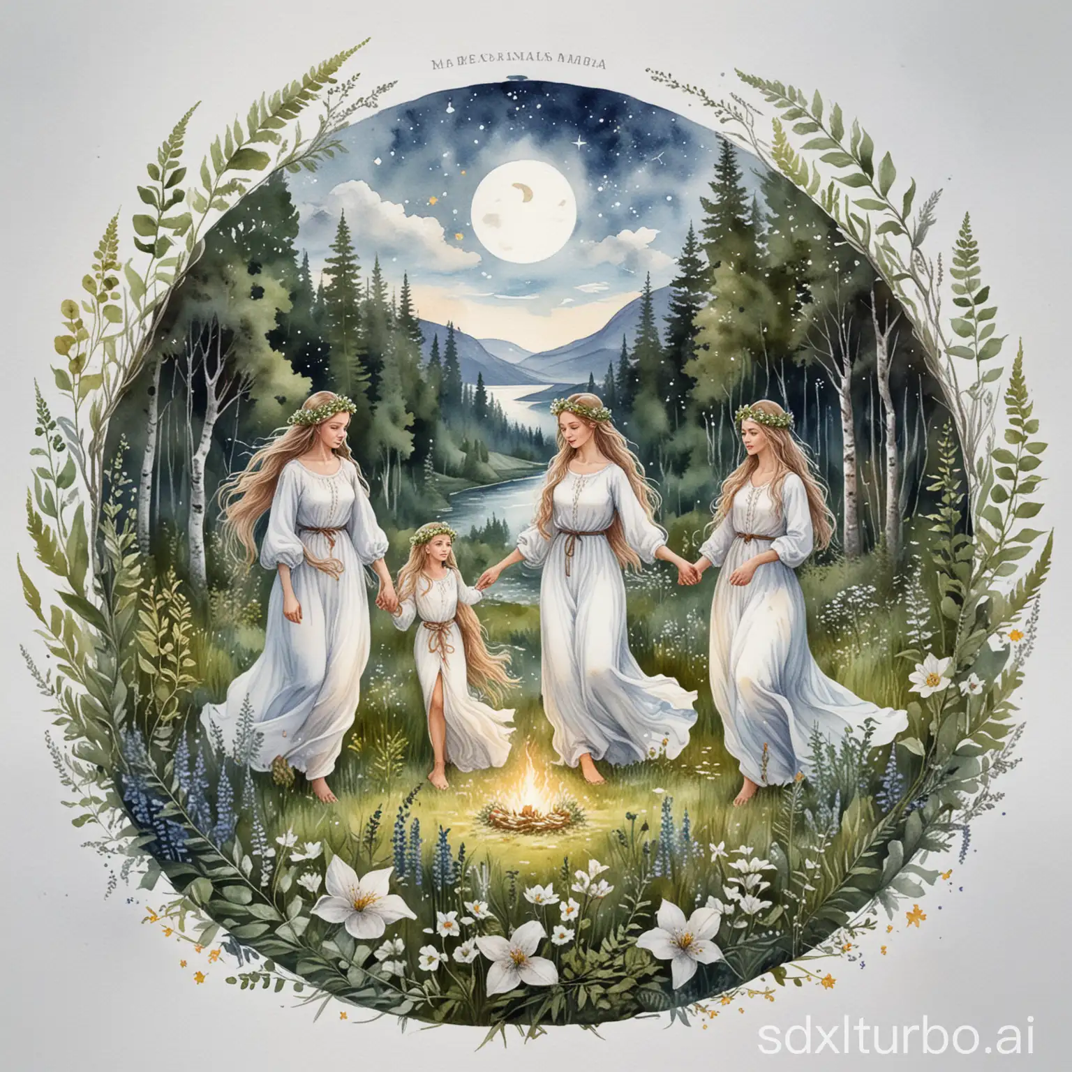 round shape logo with midsummer night aesthetics, dense russian forest, birch trees, the stars, round dance of 3 slavic mermaids with long hair wearing white shirts and flower wreaths, ferns and herbs and flowers,  medieval russian village   on a distant hill, aquarelle style, magical, silver pigment, watercolor drawing