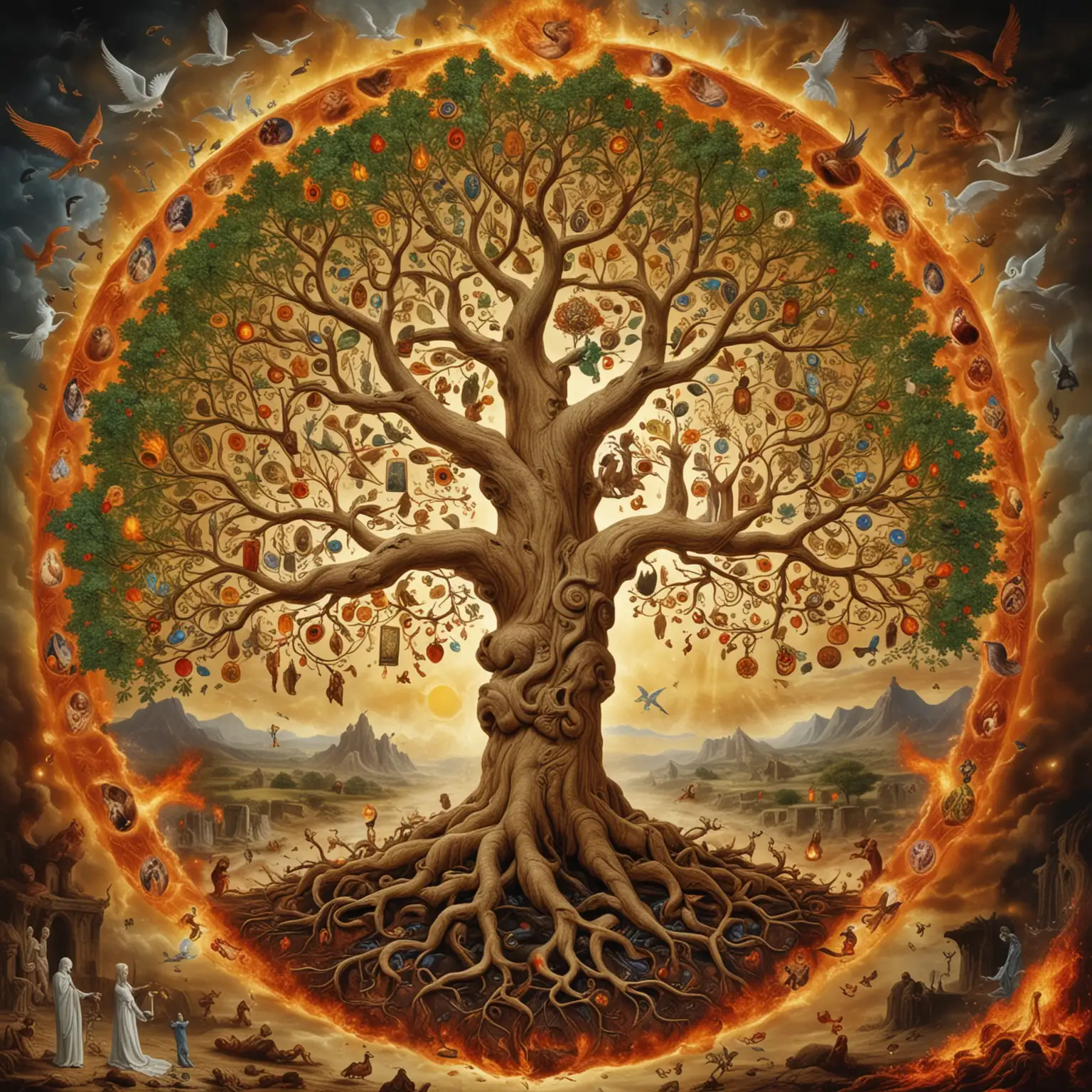 Mystical Tree of Life Bridging Heaven and Hell with Its Flourishing Leaves