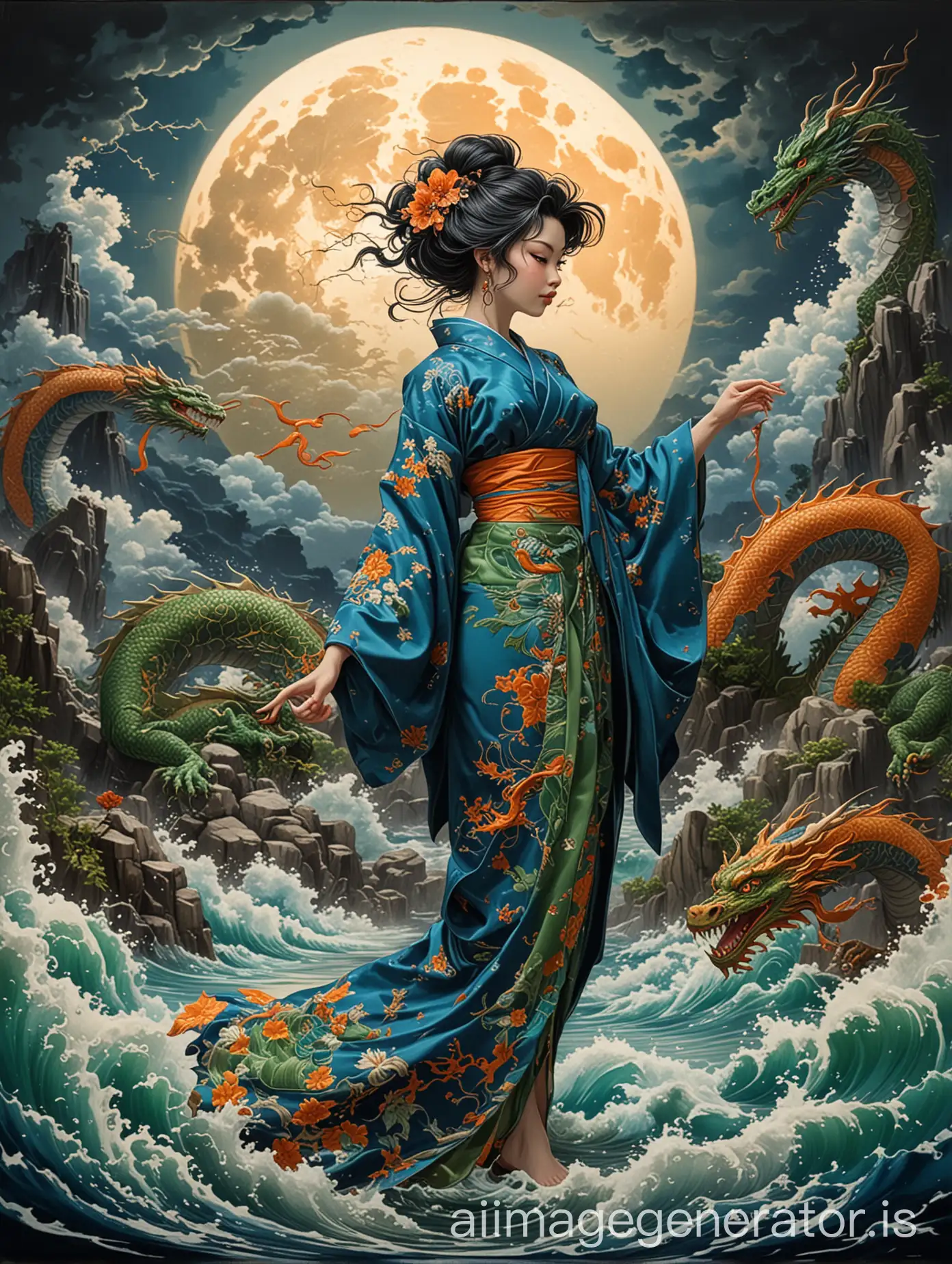 Ralph Bakshi heavy influenced style, woman graceful posing, in blue kimono with intricate  green and orange embroidery, facing a dragon, emerging from water, embracing a japanese style dragon with blue and green scales, fullmoon in the background, billowed stormy clouds