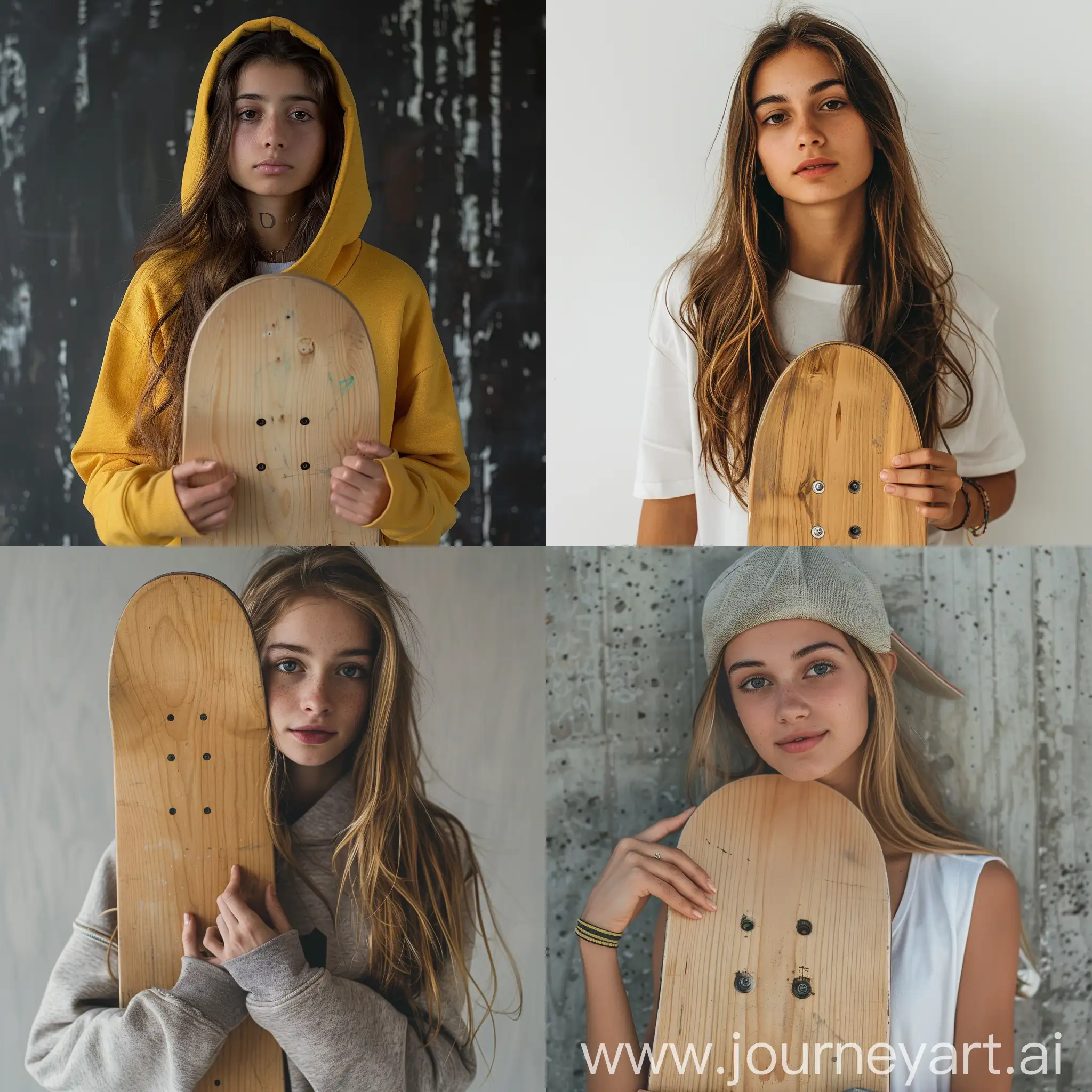 beautifull girl holding plain wooden skateboard in both hand vertically , half image , potrait , stock images , priority skateboard , front face of girl 