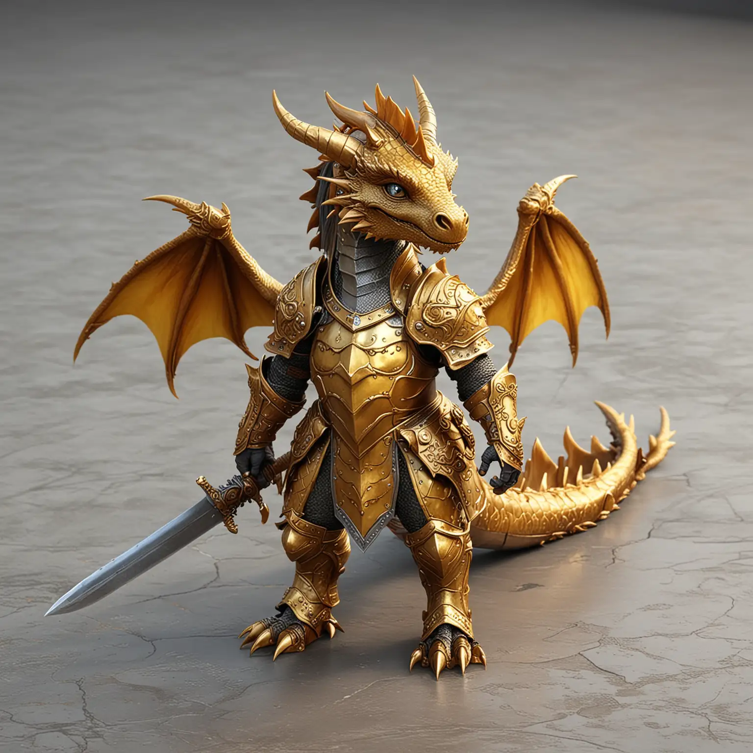 реалистичный милый дракон-рыцарь в цветных-золотых-средневековых-латах а в полный рост стоит на полу